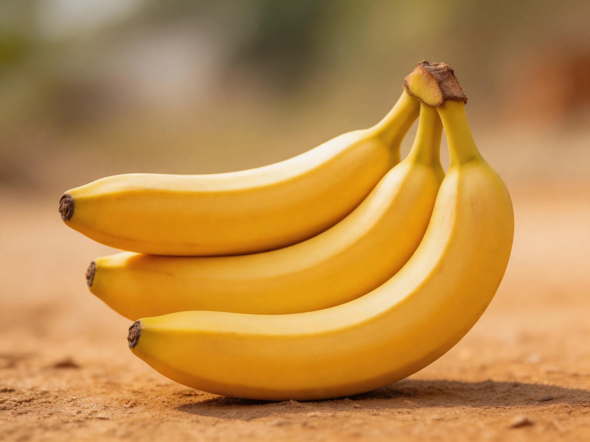 Three ripe yellow bananas rest on a sandy surface