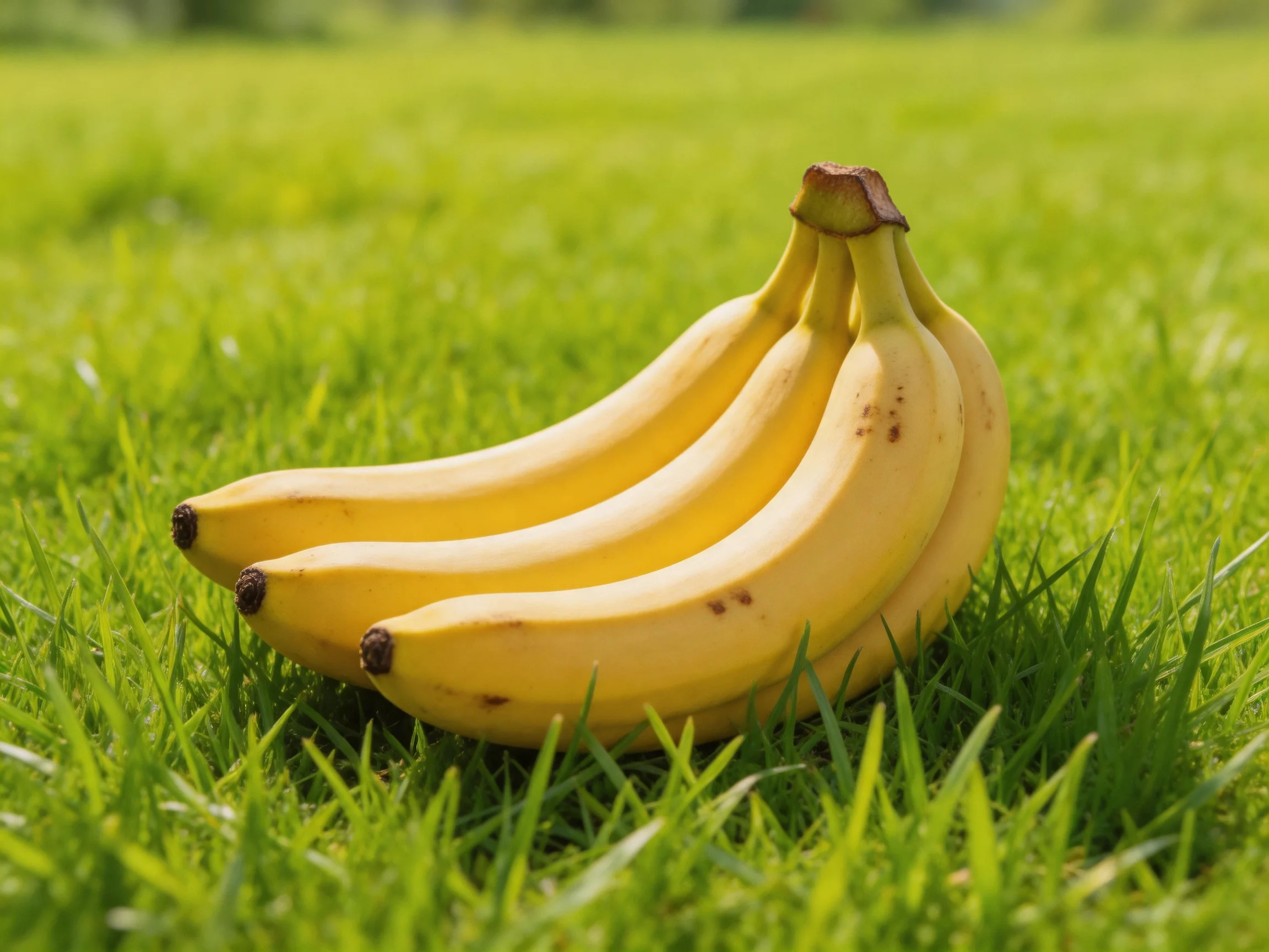 Three ripe yellow bananas rest on lushgreen grass