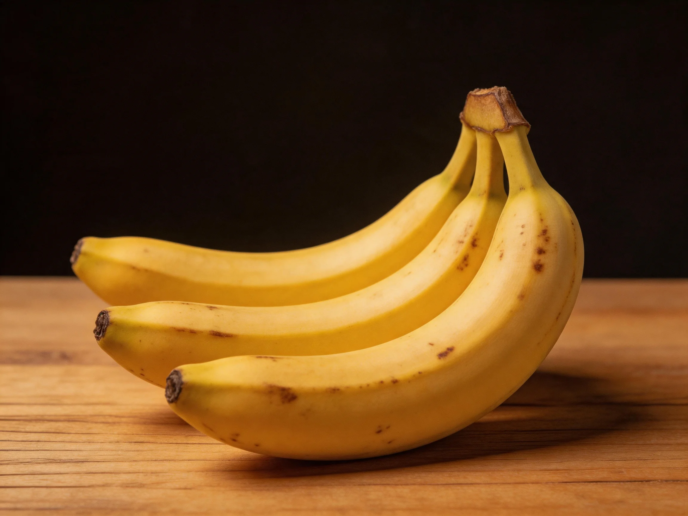 Three ripe yellow bananas resting on a wooden table