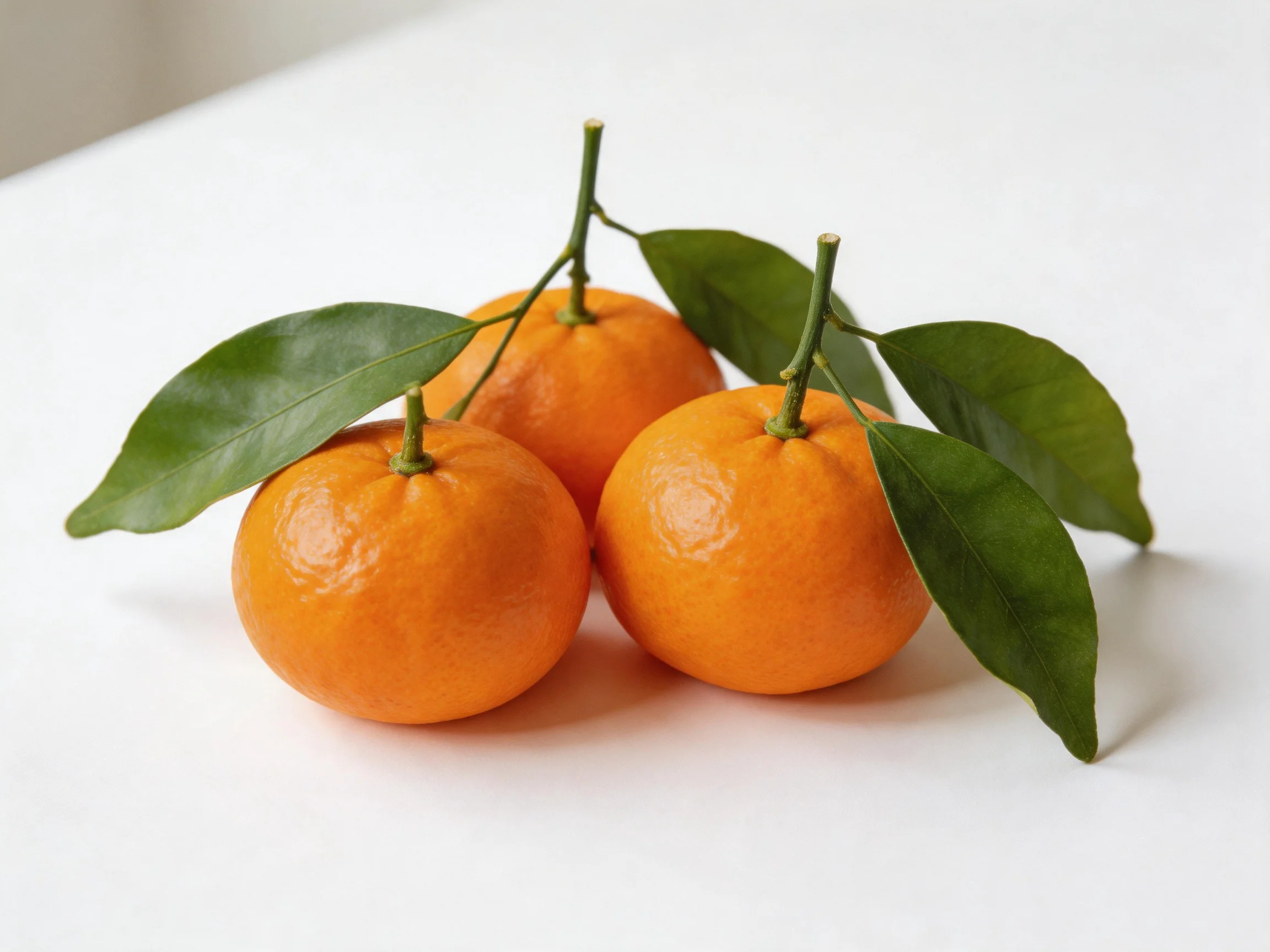 Three round orange citrus fruits with fresh green leaves
