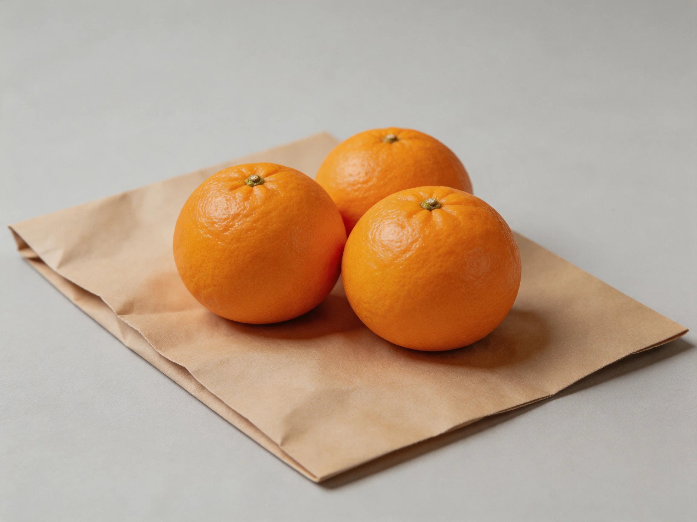 Three round oranges rest on a brown paper bag