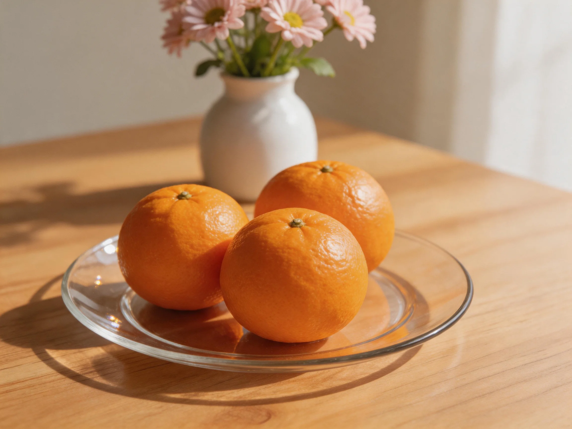 Three round oranges rest on a glass plate beside a white vase with pink flowers