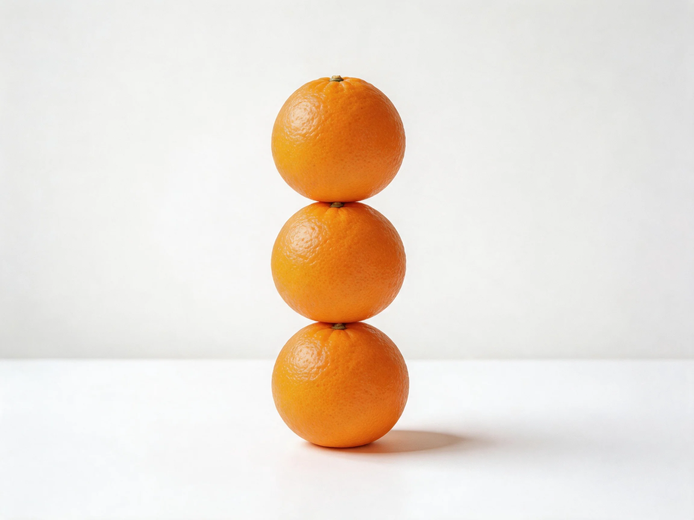 Three round oranges stacked vertically on a white surface