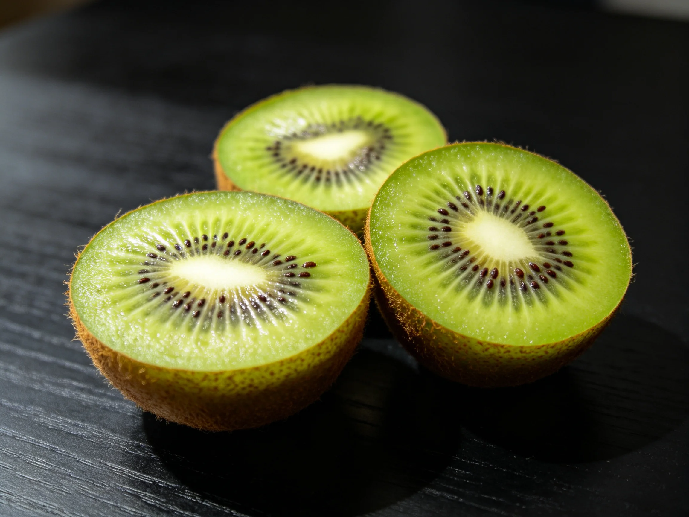 Three sliced kiwis show vibrant green flesh and brown skins on a dark surface