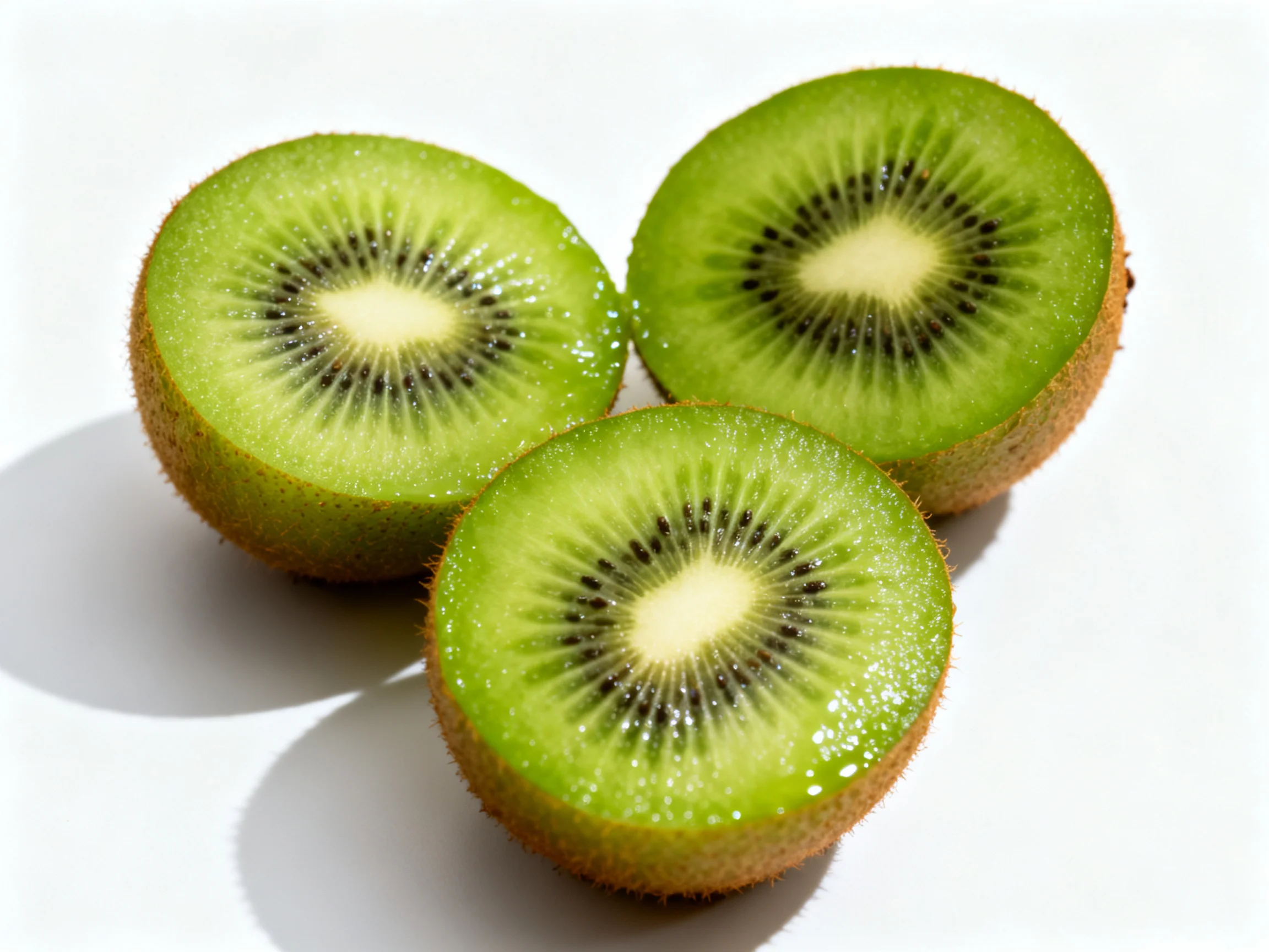 Three sliced kiwis with vibrant green interiors and brown exteriors