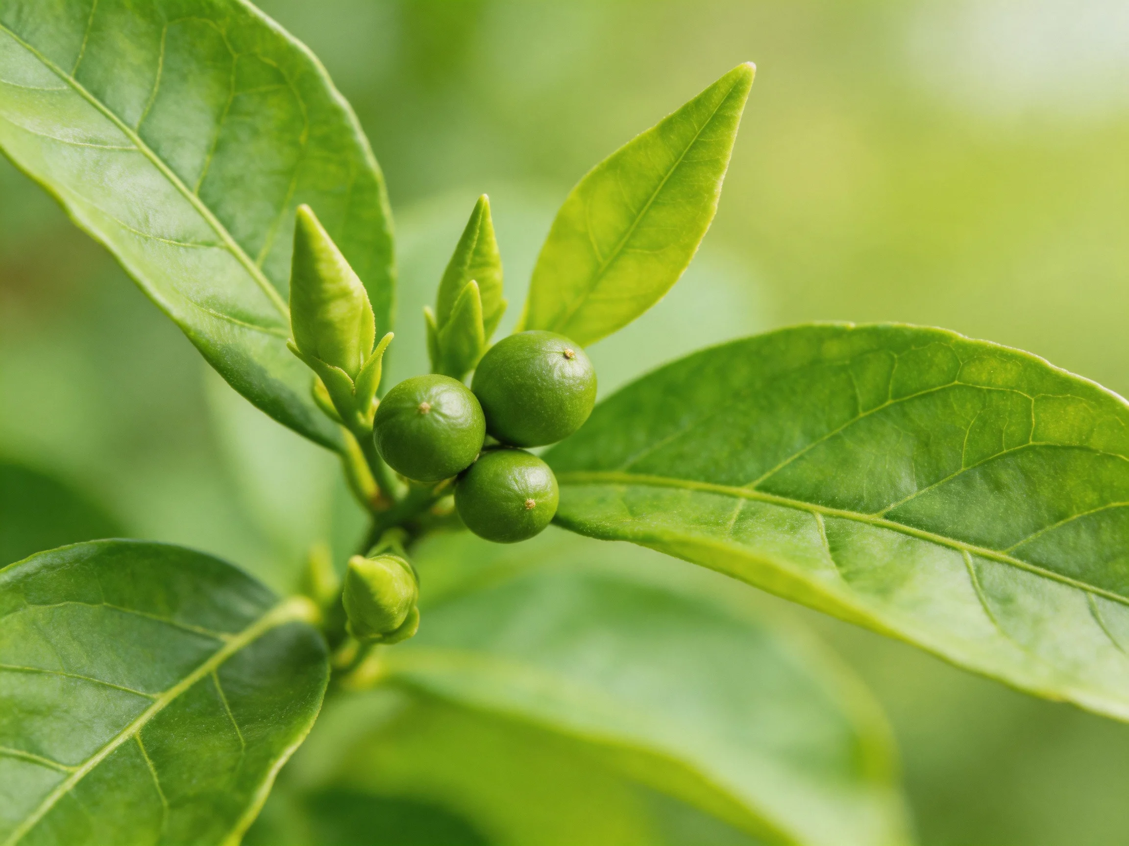 Three small green citrus fruits amid vibrant leaves