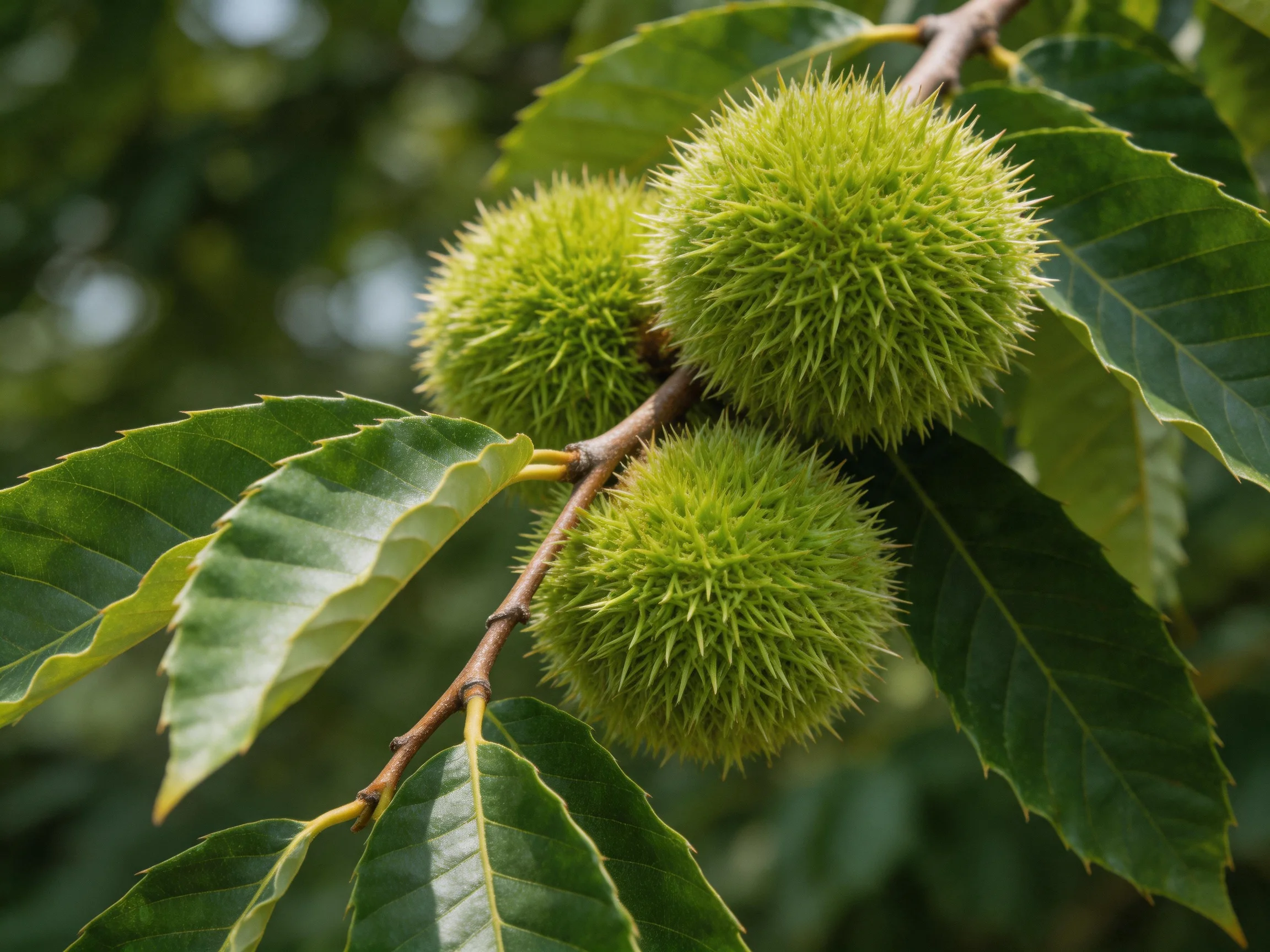 Three spiky green chestnut burrs on a tree branch