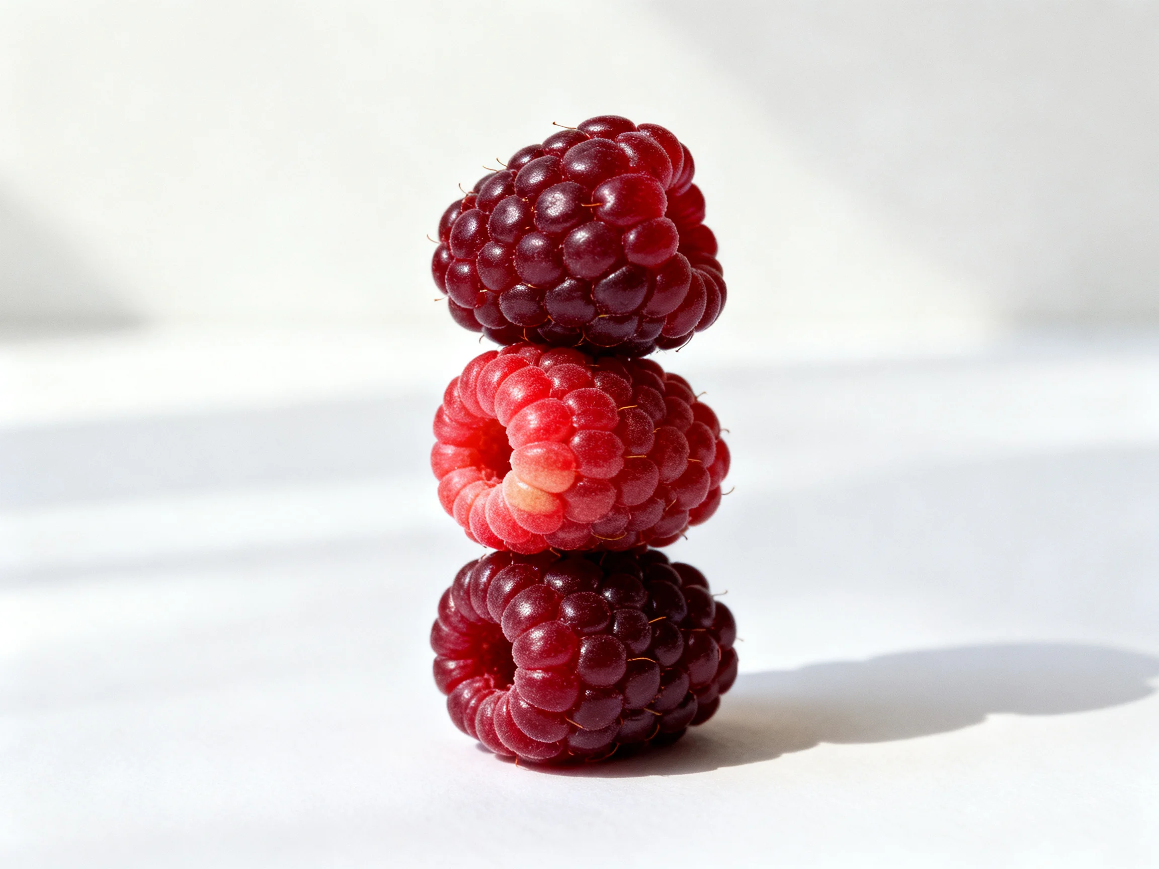 Three stacked raspberries showcase vibrant red and deep purple hues