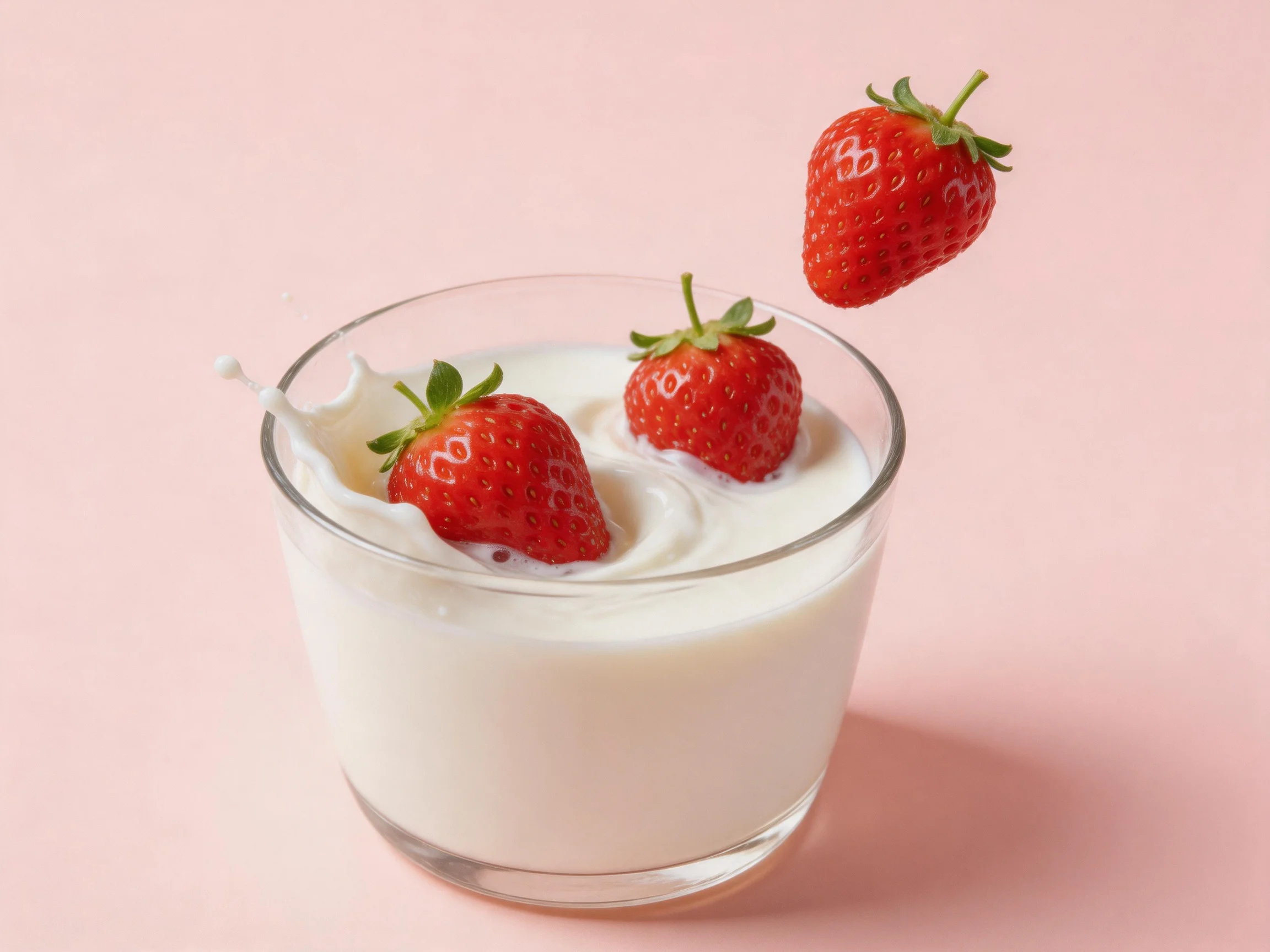Three strawberries falling into a glass of creamy white milk on a soft pink surface