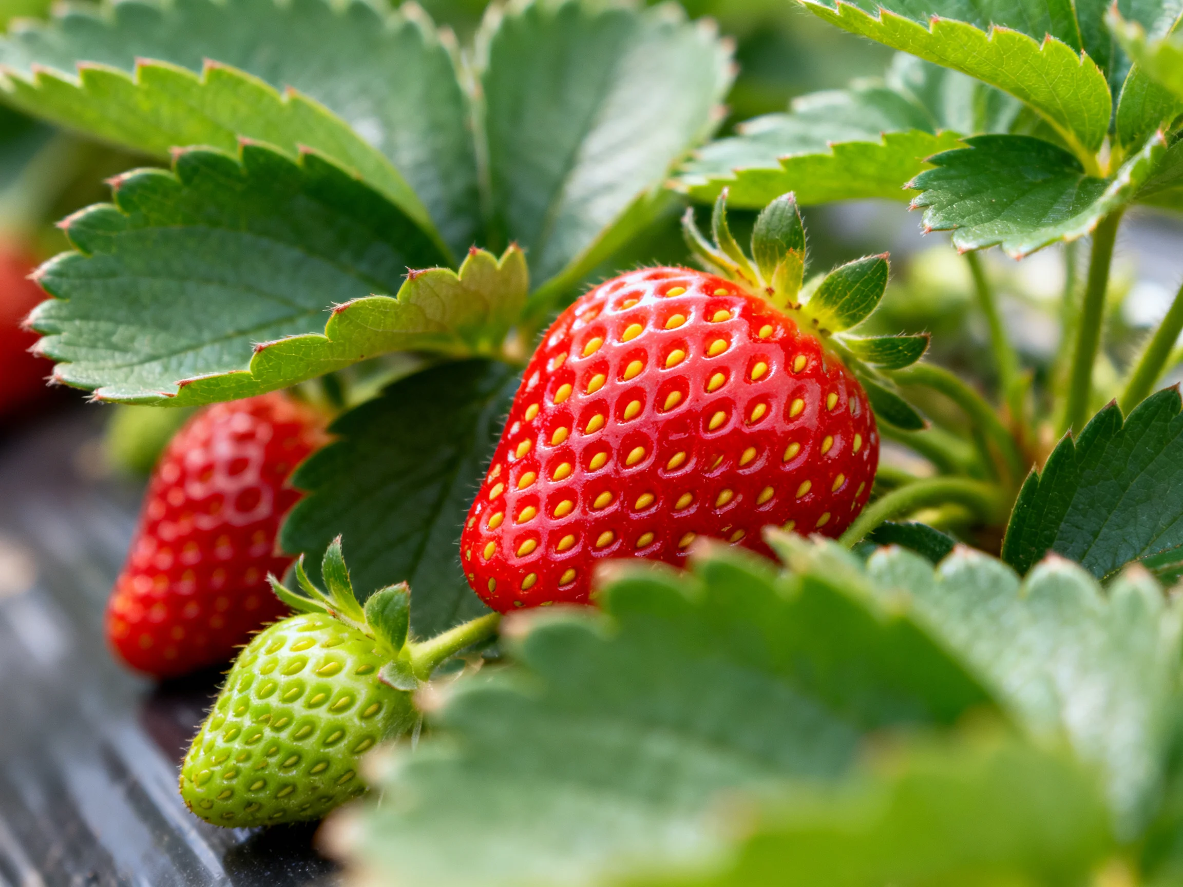 Three strawberries in varied ripeness stages amid lush green foliage