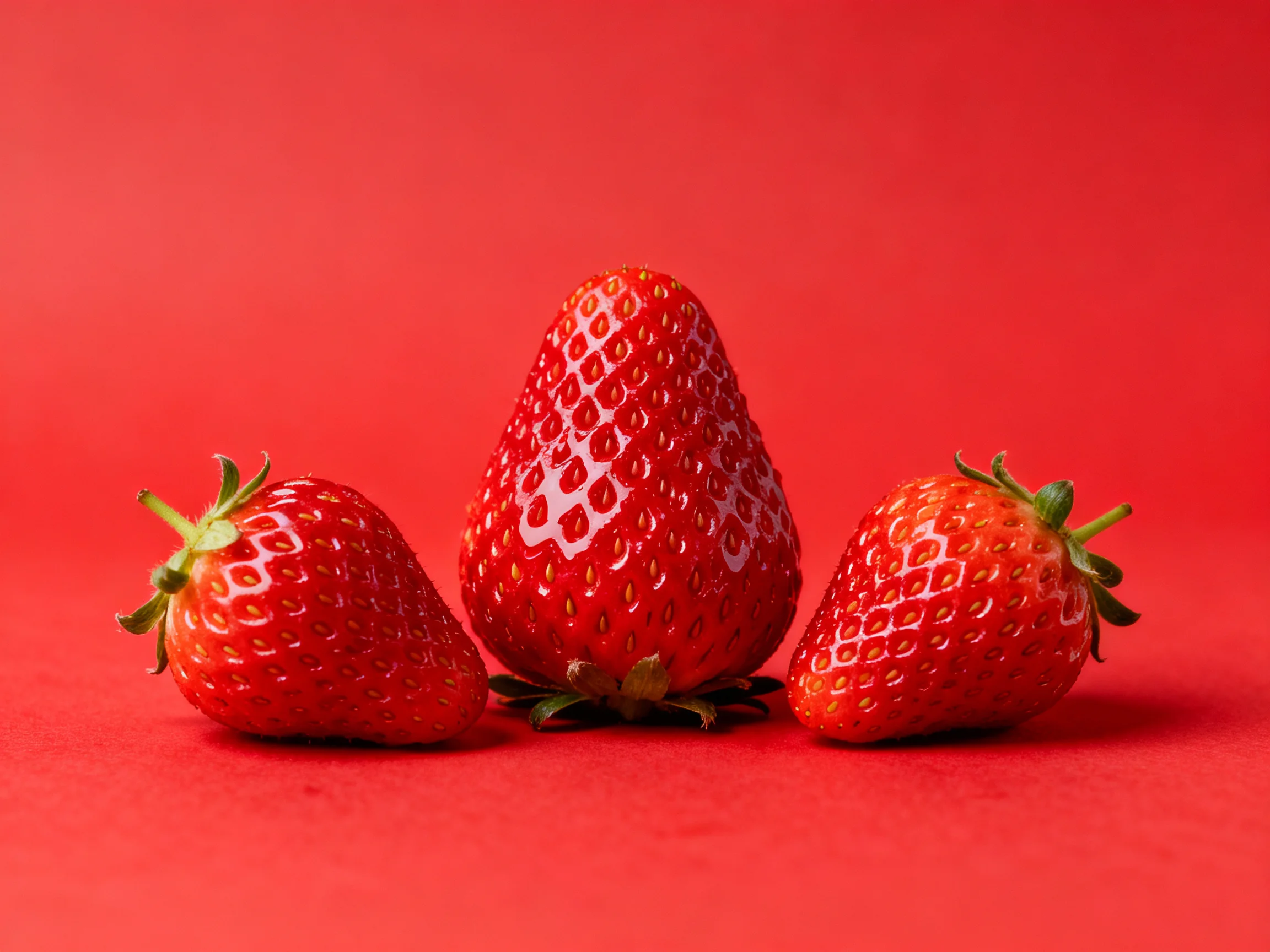 Three strawberries of varying sizes on a red background