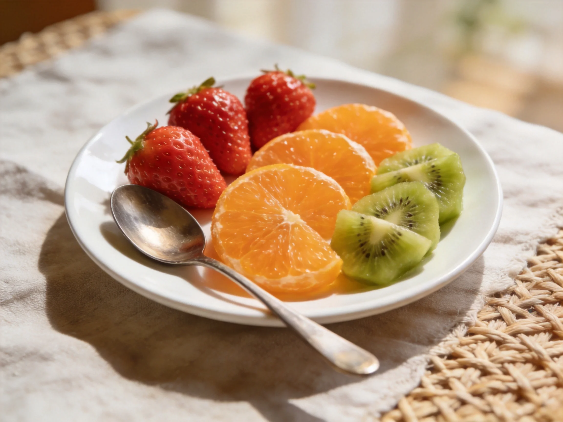 Three strawberries, two orange slices, and kiwi slices arranged on a white plate