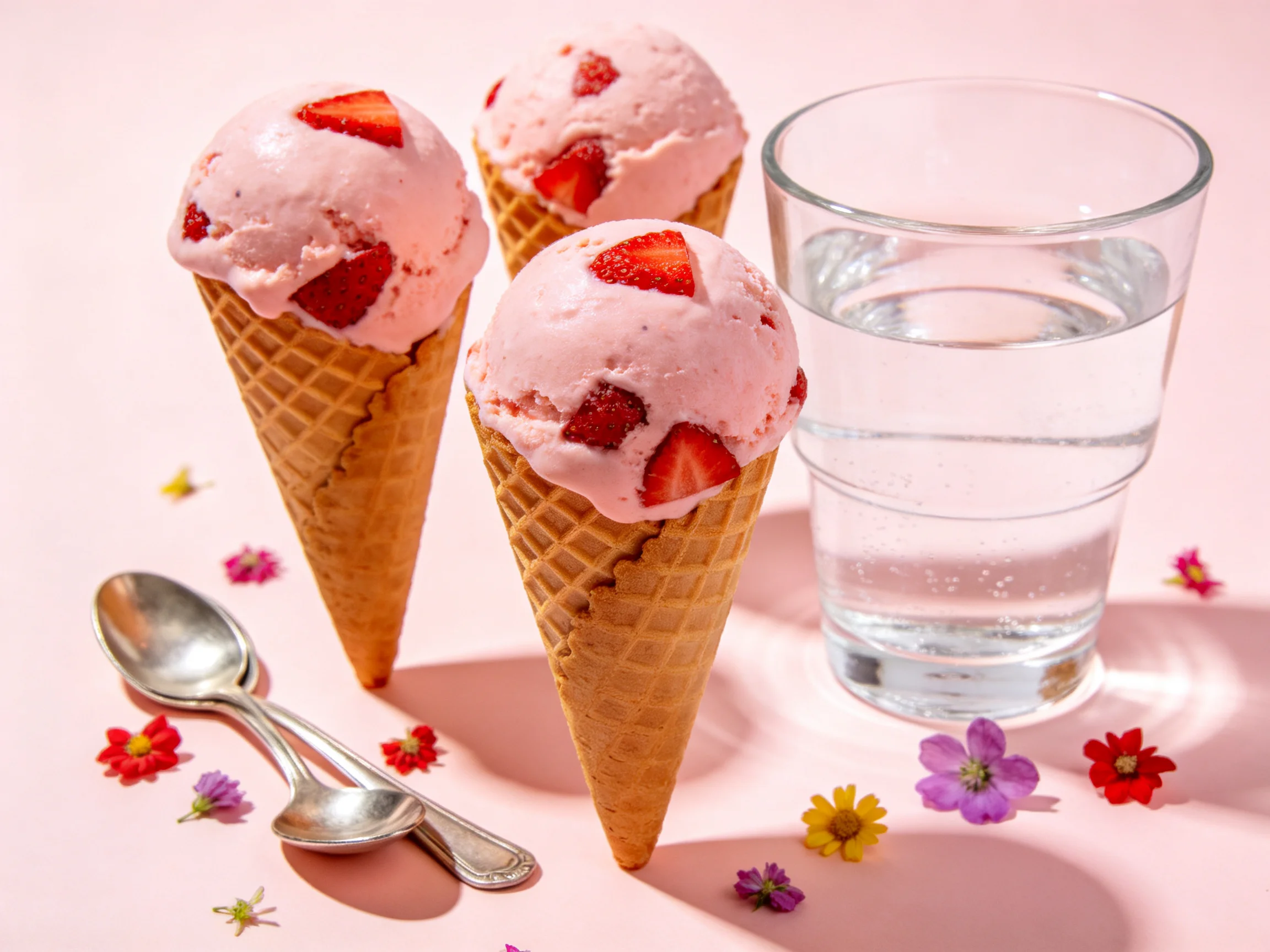 Three strawberry-topped ice cream cones beside a water glass, spoons, and flowers on pink