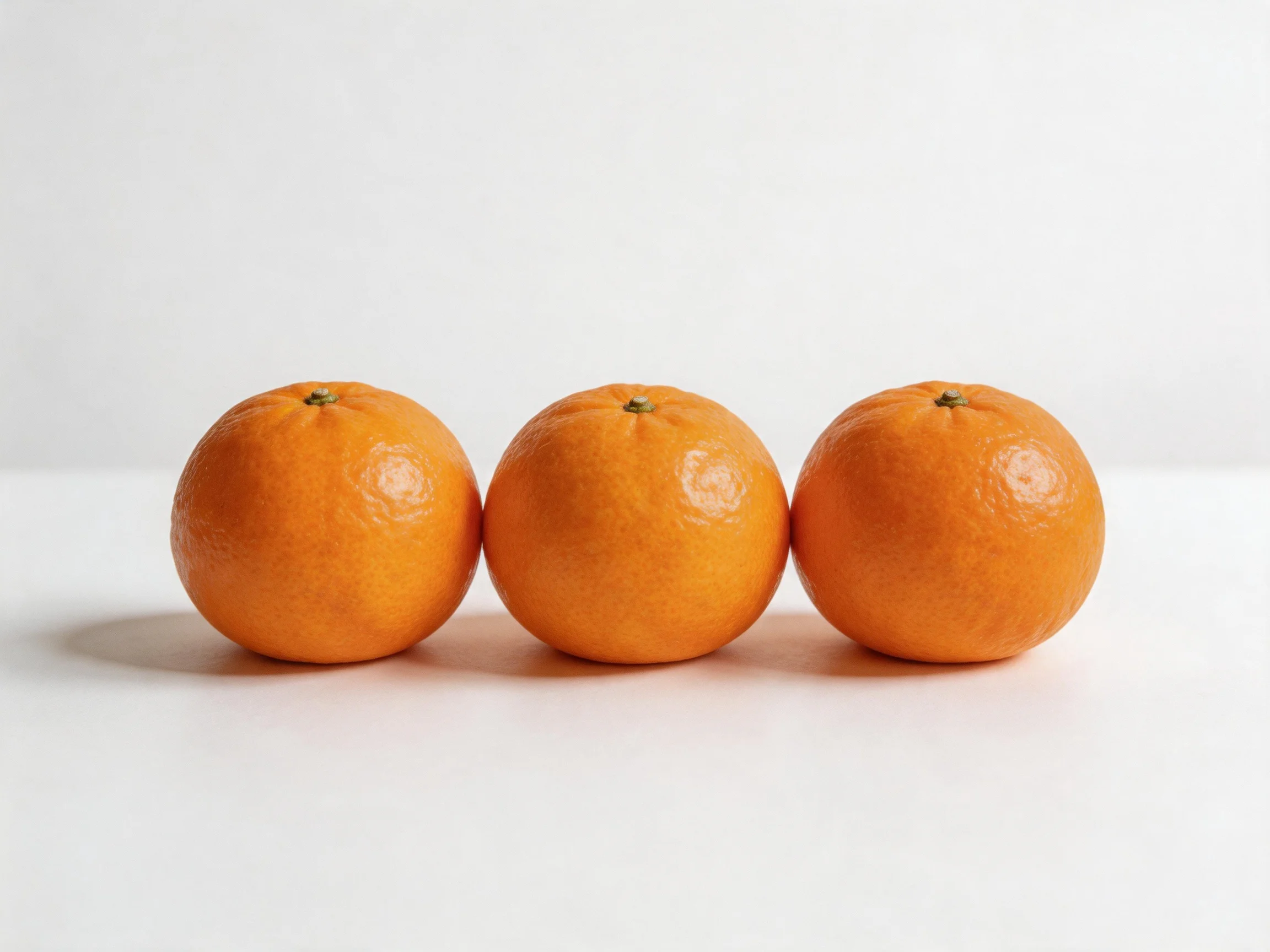 Three uniformly sized orange citrus fruits arranged horizontally