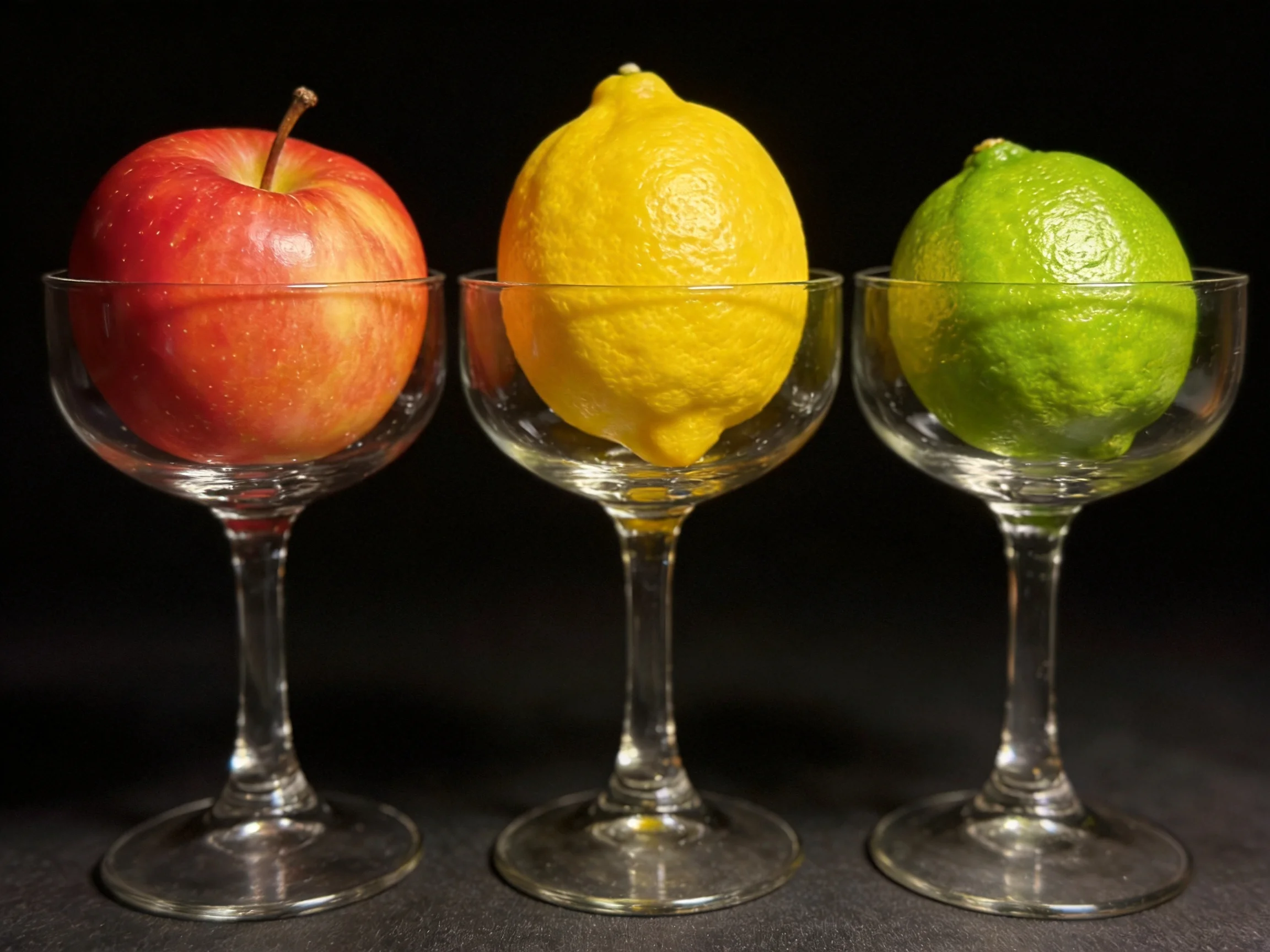 Three vibrant fruits—red apple, yellow lemon, green lime—in stemmed glassware on dark backdrop.