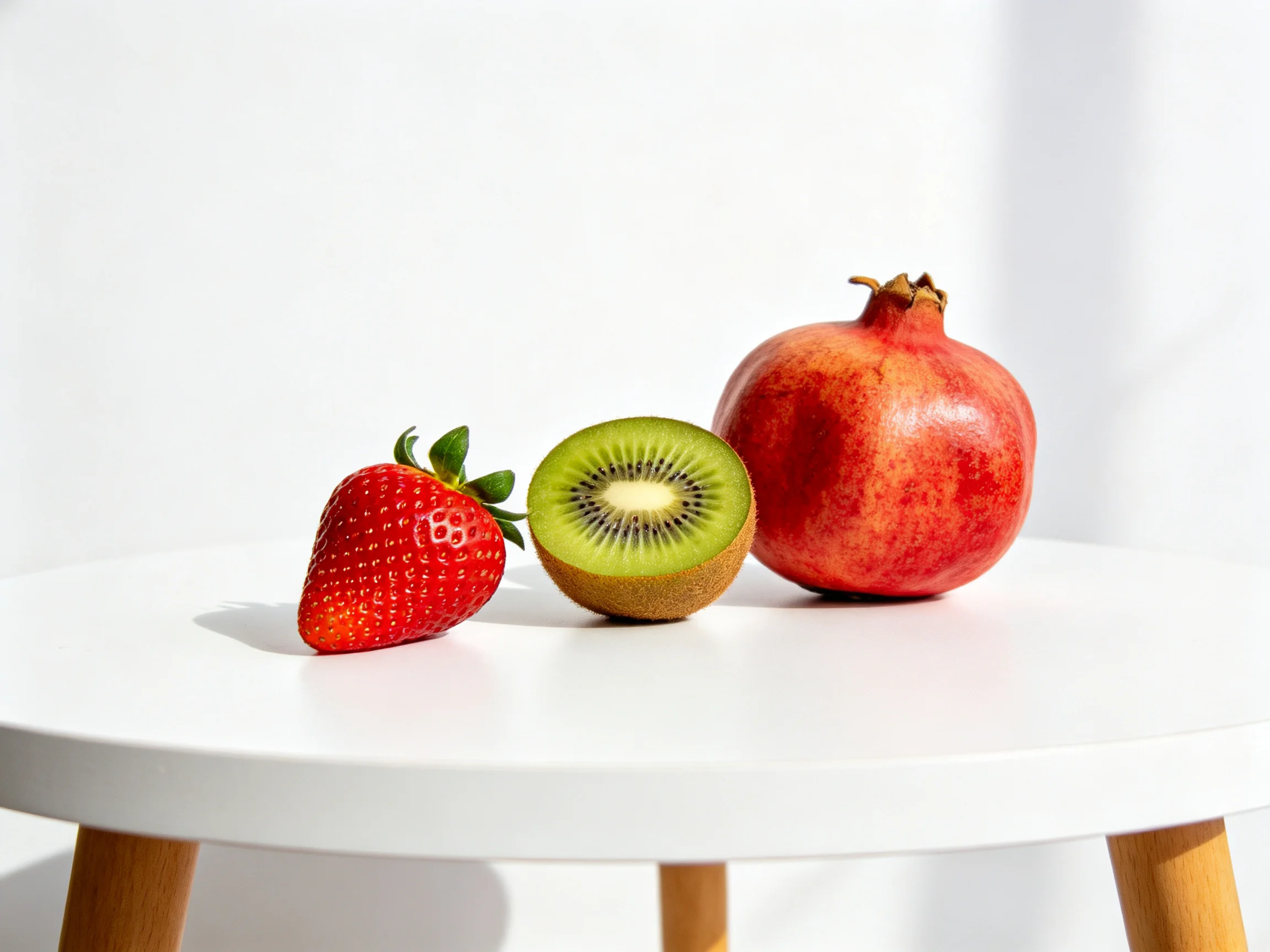 Three vibrant fruits—strawberry, kiwi slice, pomegranate—on a white table