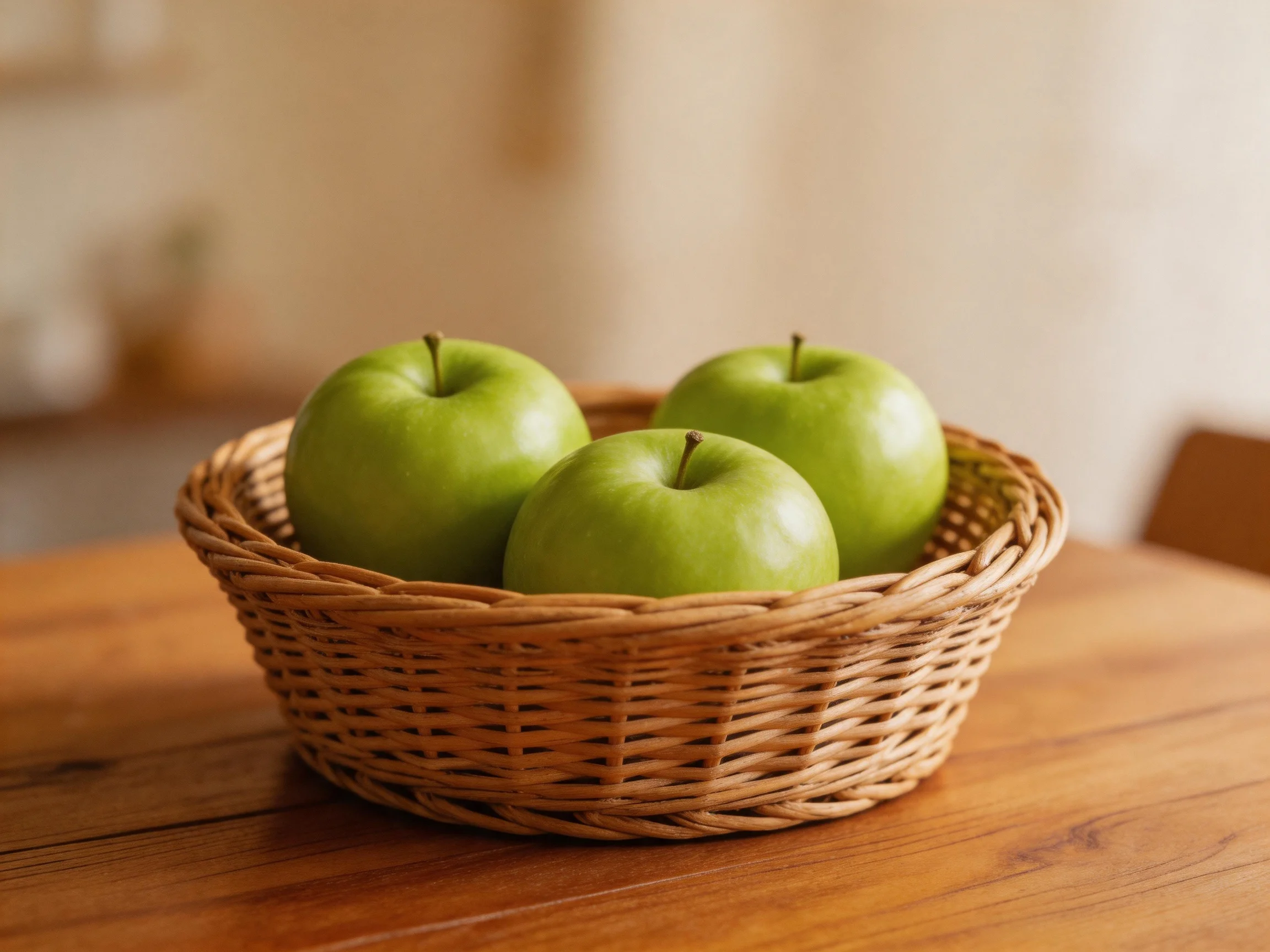 Three vibrant green apples in a woven wicker basket on a wooden table