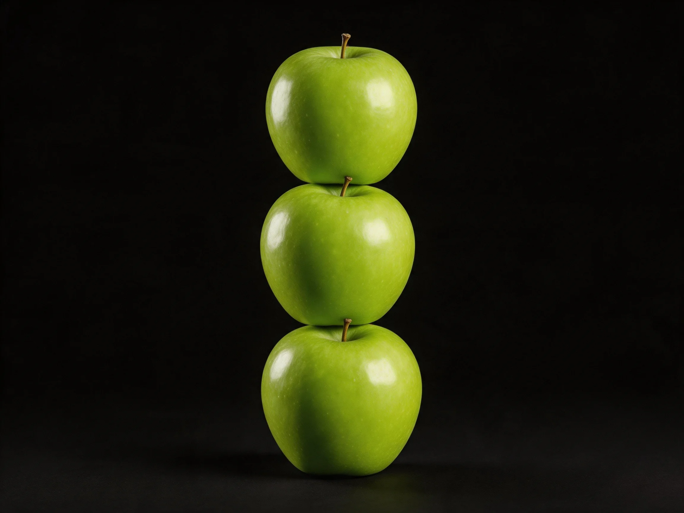 Three vibrant green apples stacked vertically against a black backdrop