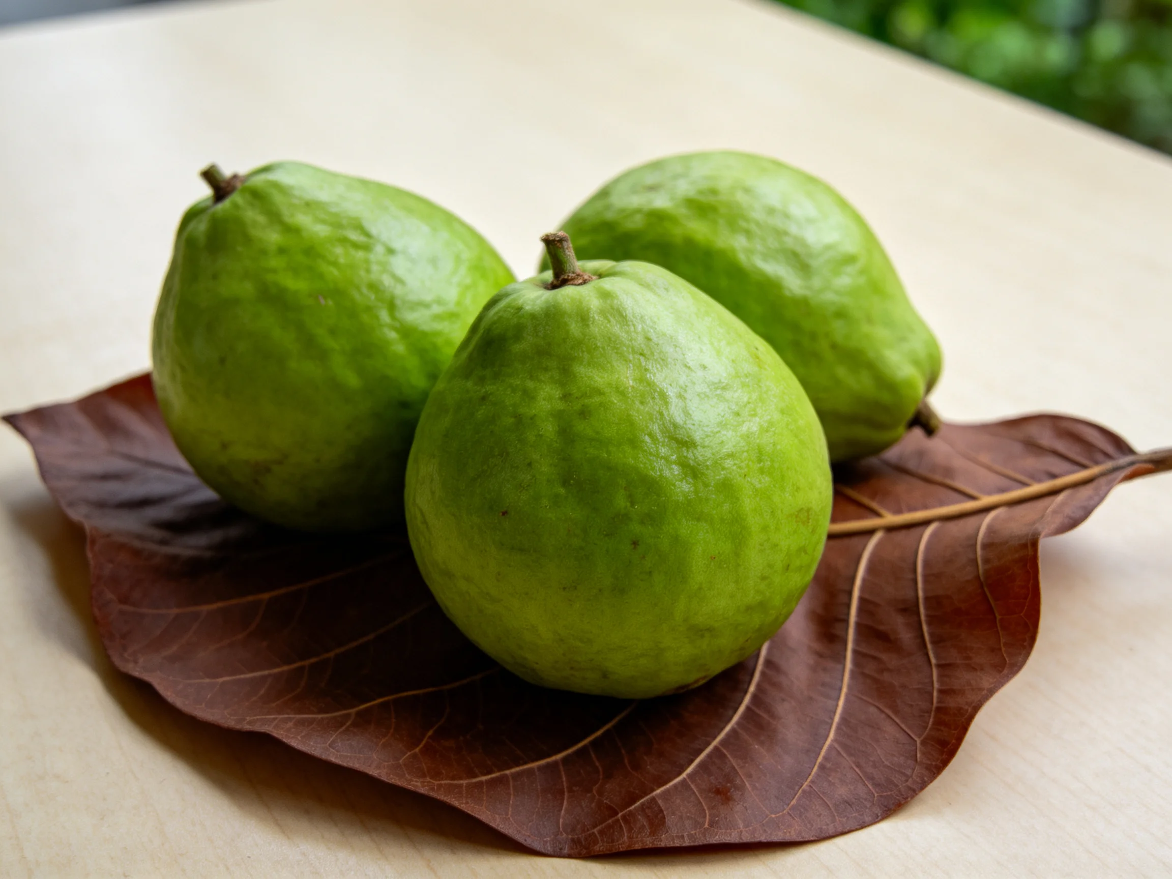 Three vibrant green guavas rest on a large brown leaf