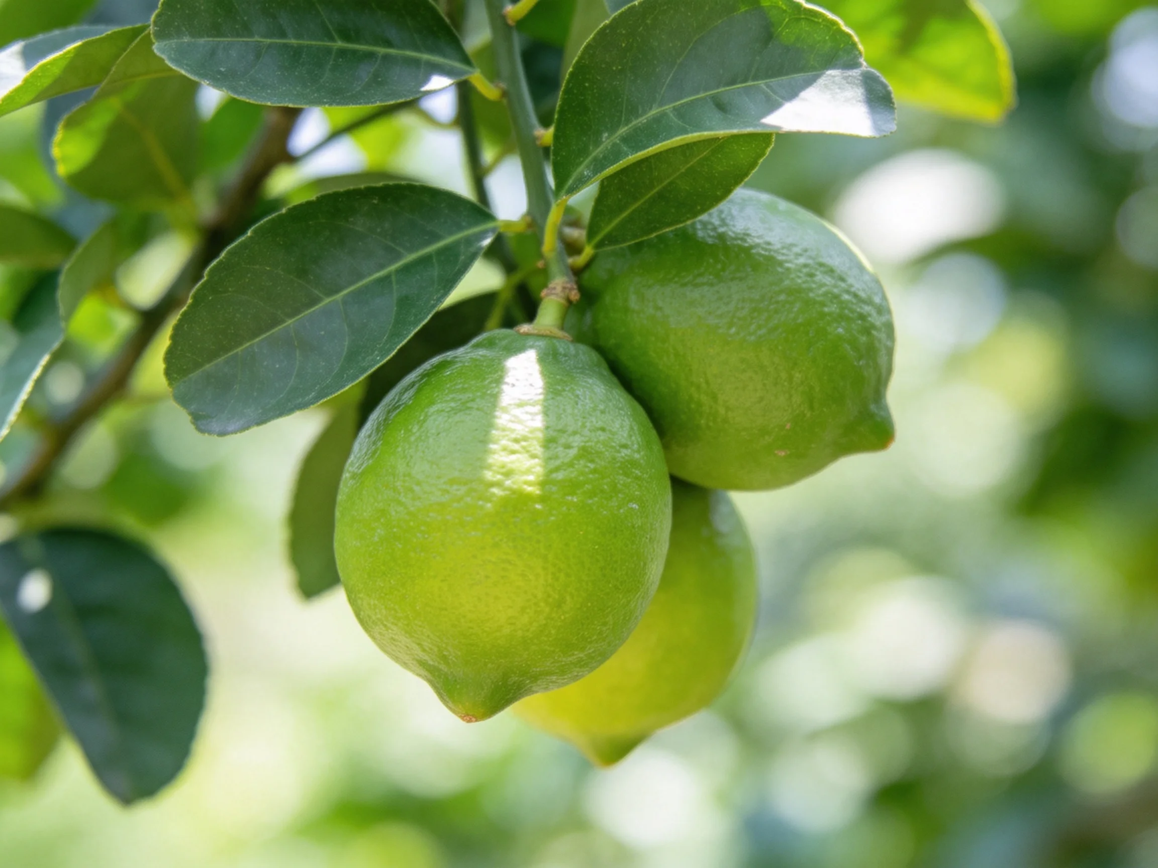 Three vibrant green lemons clustered on a leafy citrus tree