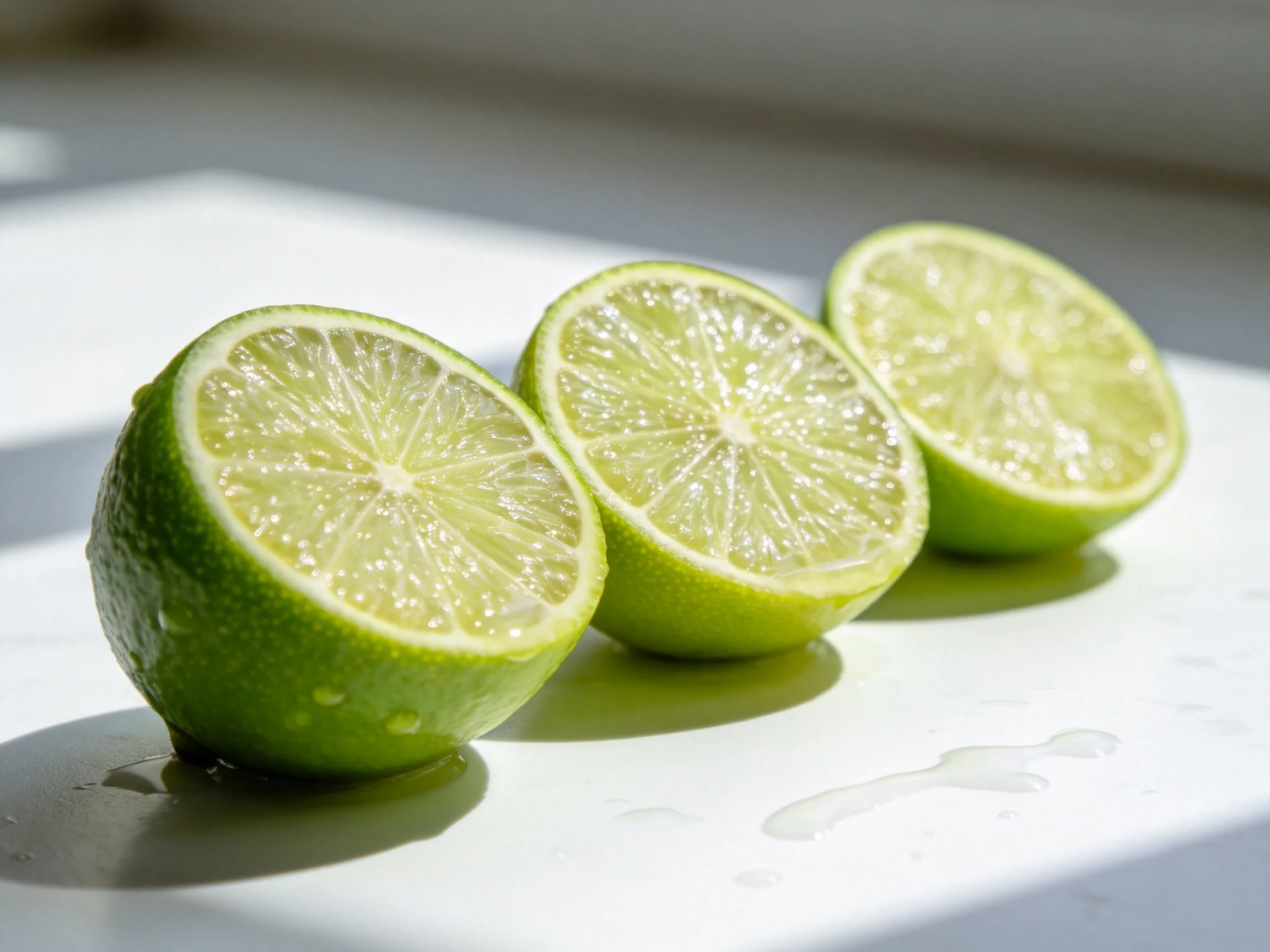Three vibrant green lime halves arranged on a bright white surface