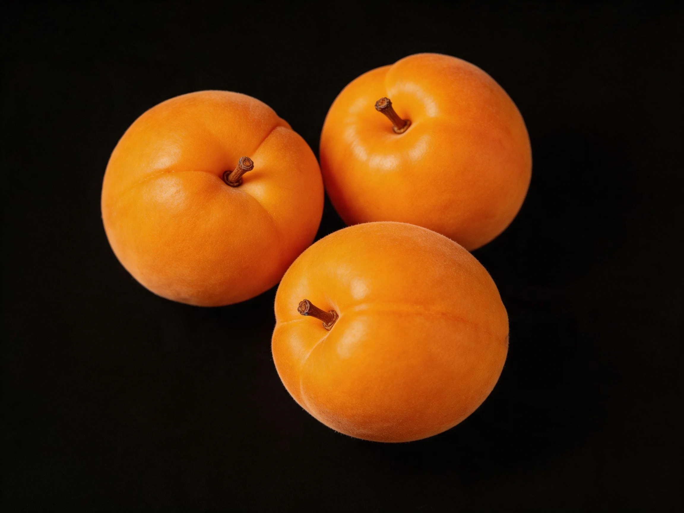 Three vibrant orange apricots displayed on a black surface