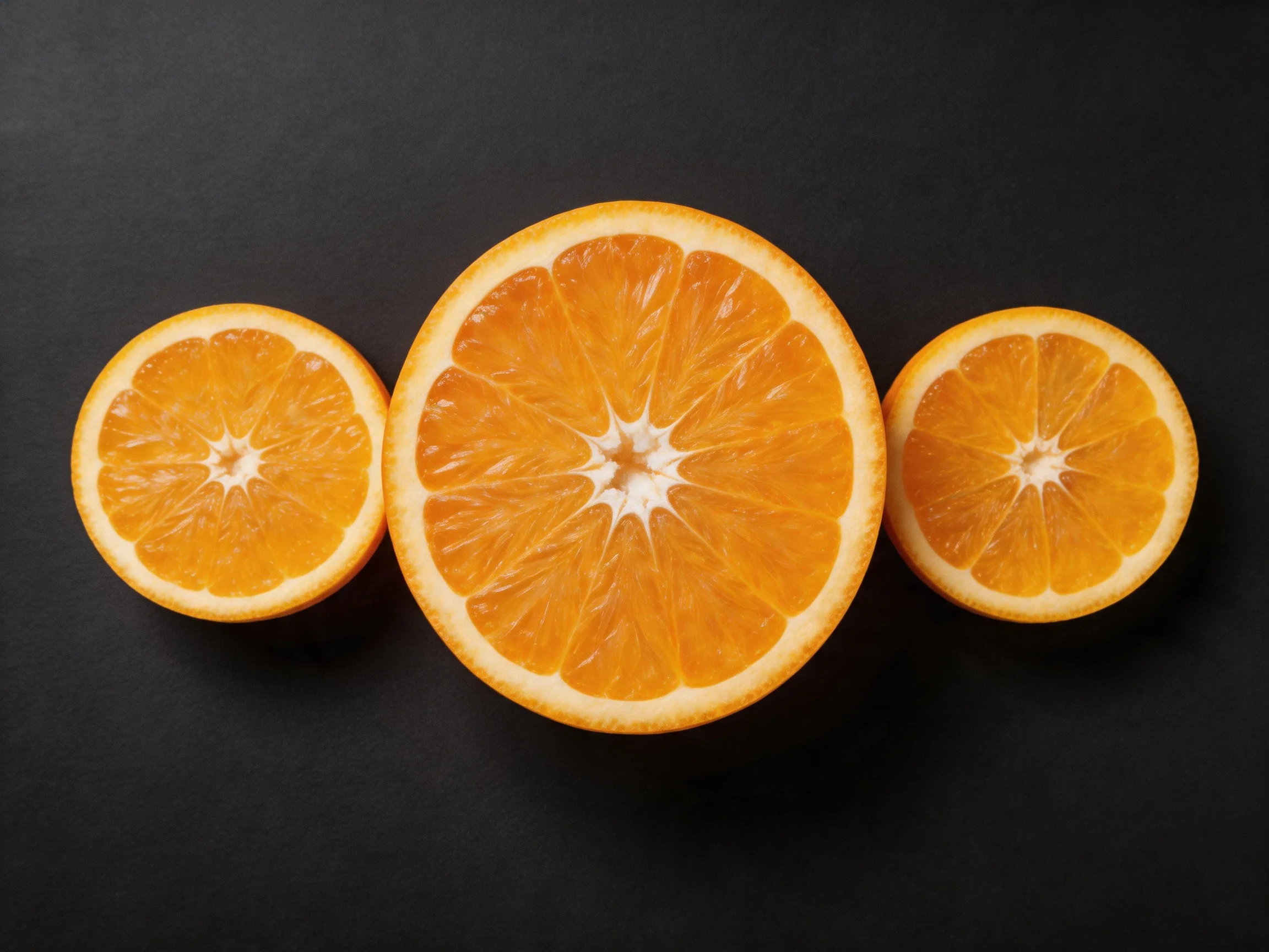 Three vibrant orange citrus slices arranged on a dark surface