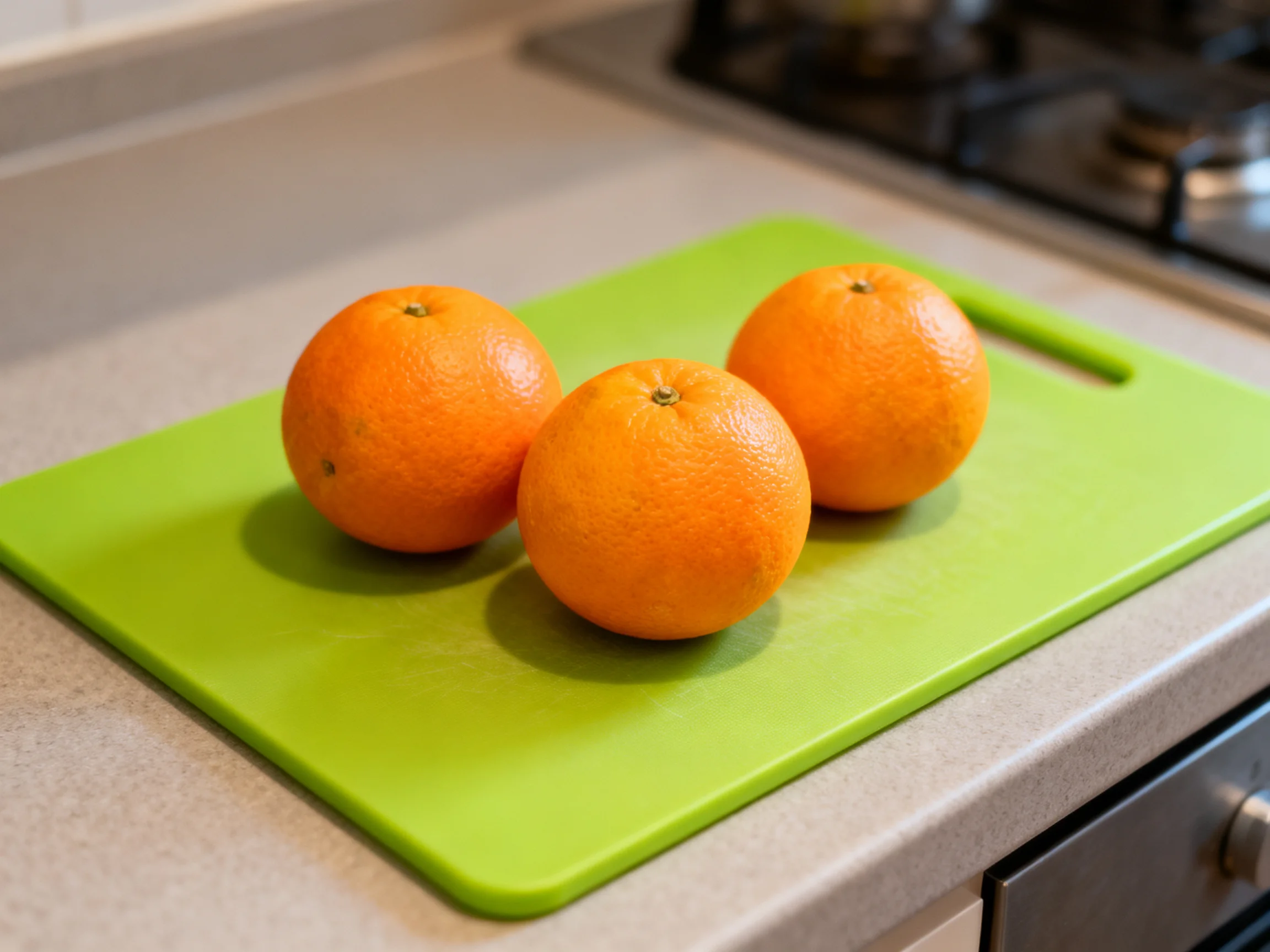 Three vibrant orange oranges on a bright green cutting board near a stove