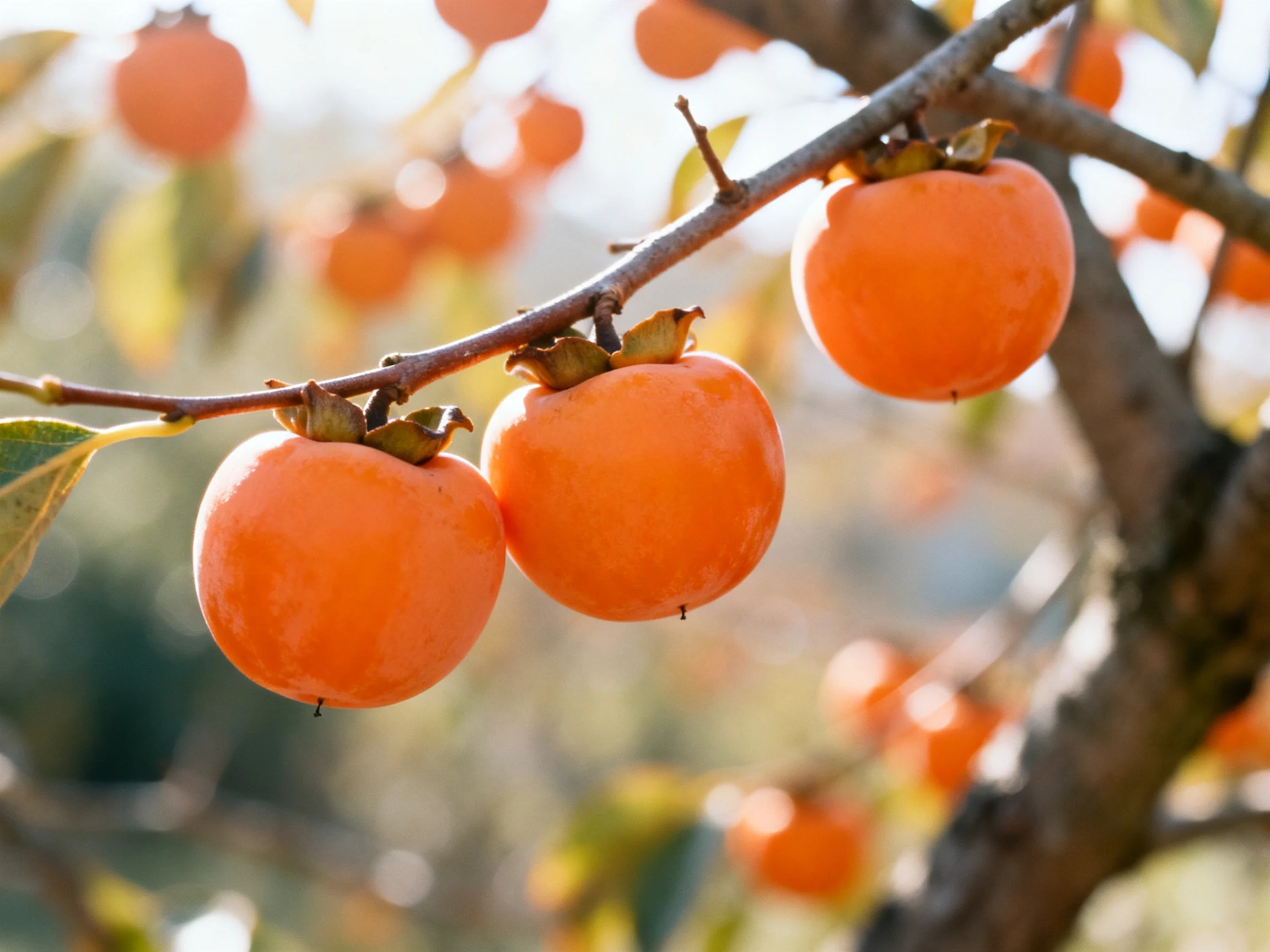 Three vibrant orange persimmons hang from a tree branch