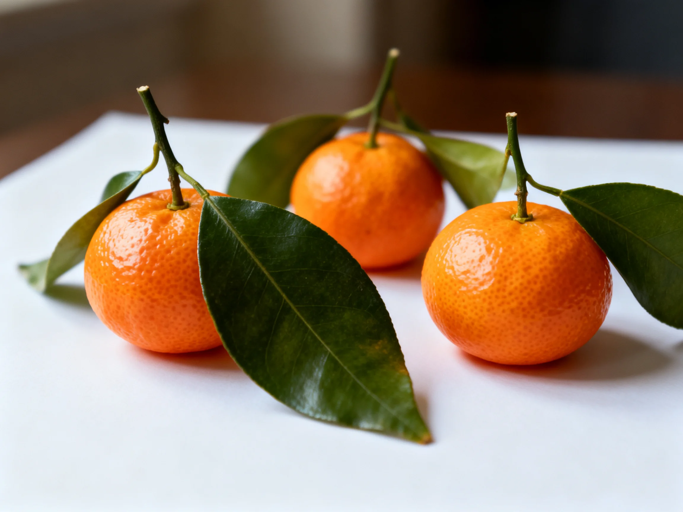 Three vibrant orange tangerines with glossy green leaves on a white surface