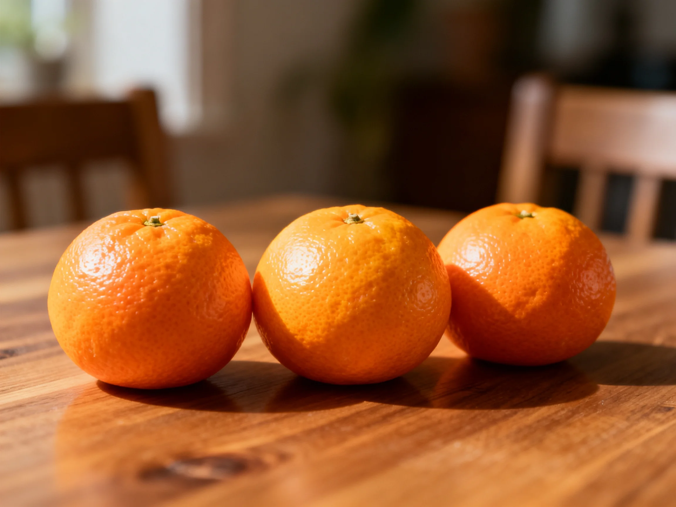 Three vibrant oranges arranged on a polished wooden table