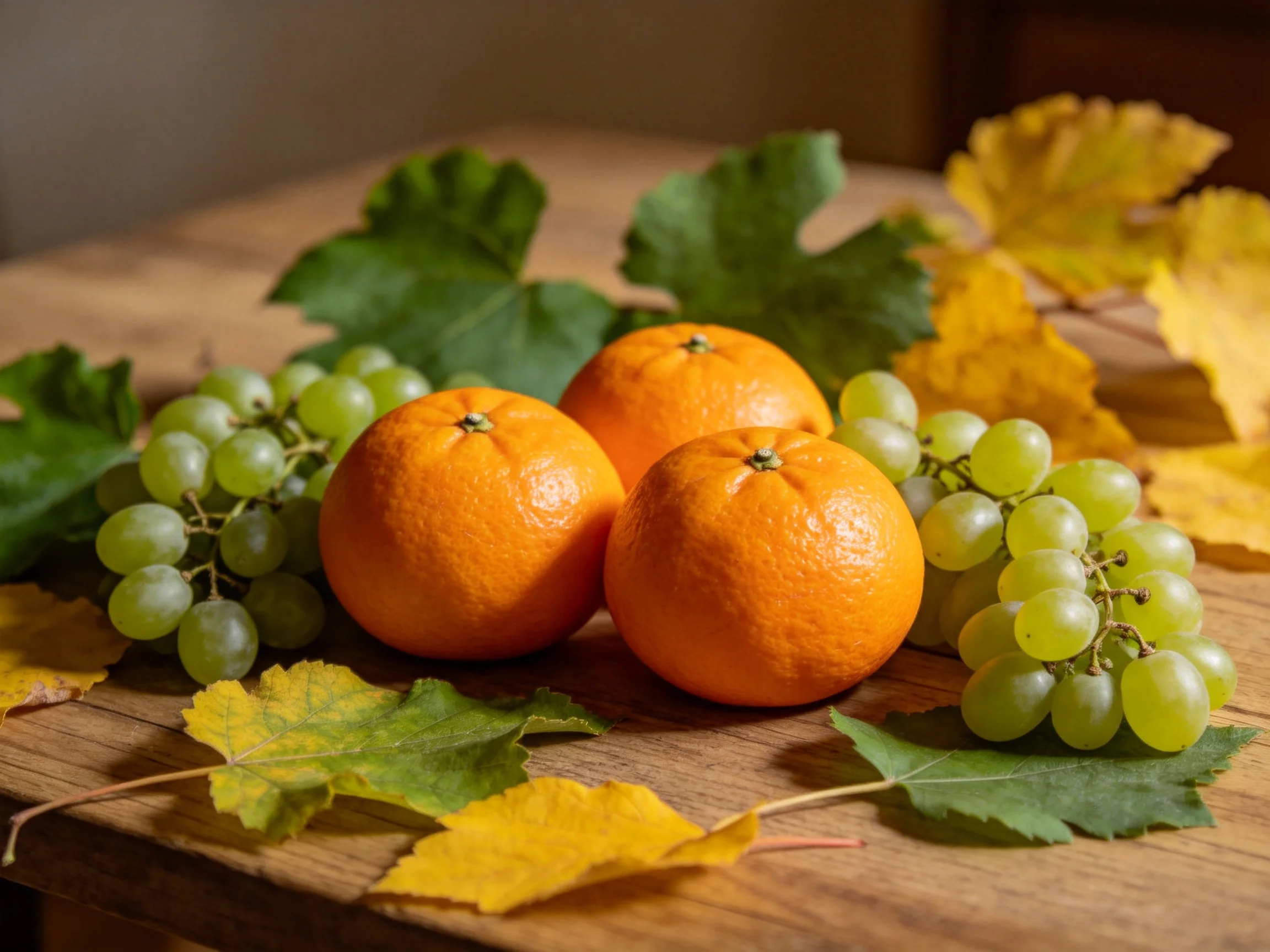 Three vibrant oranges, green grapes, and autumn leaves on a wooden surface
