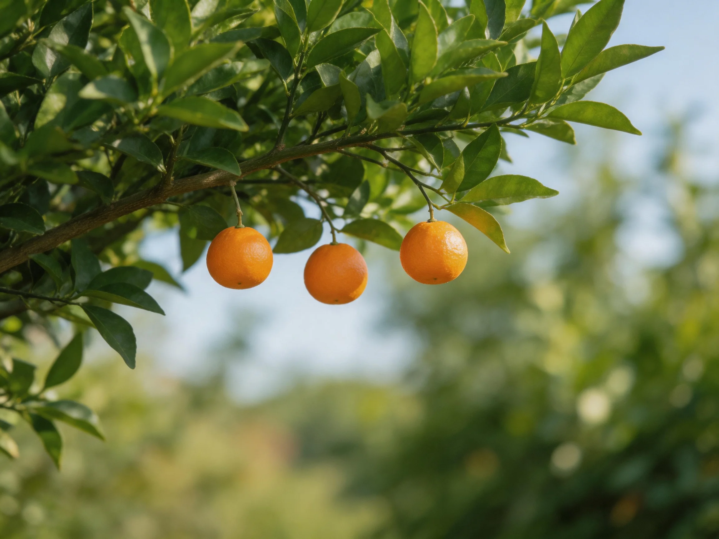 Three vibrant oranges hang from a leafy citrus branch