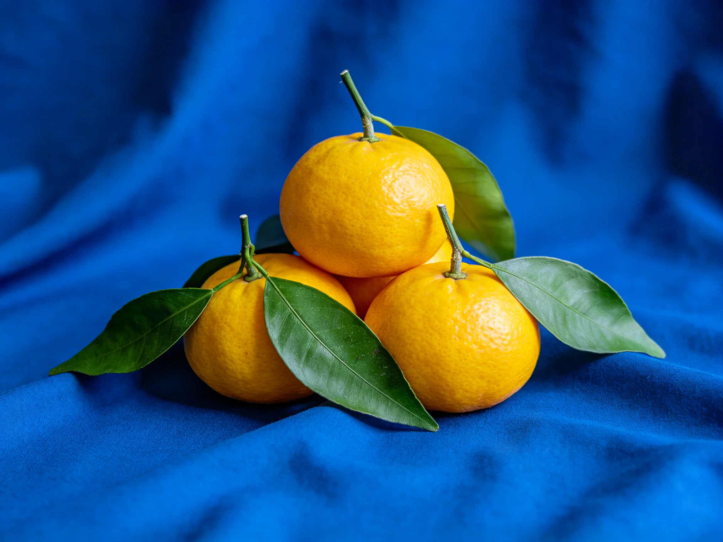 Three vibrant oranges with green leaves atop a deep blue fabric.
