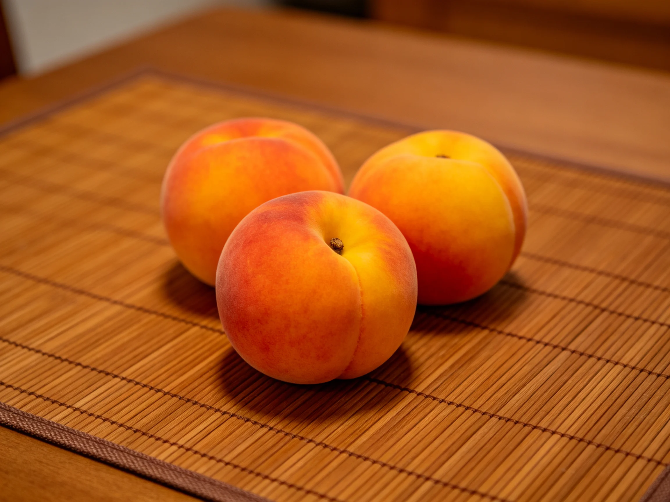 Three vibrant peaches rest on a bamboo placemat atop a wooden table
