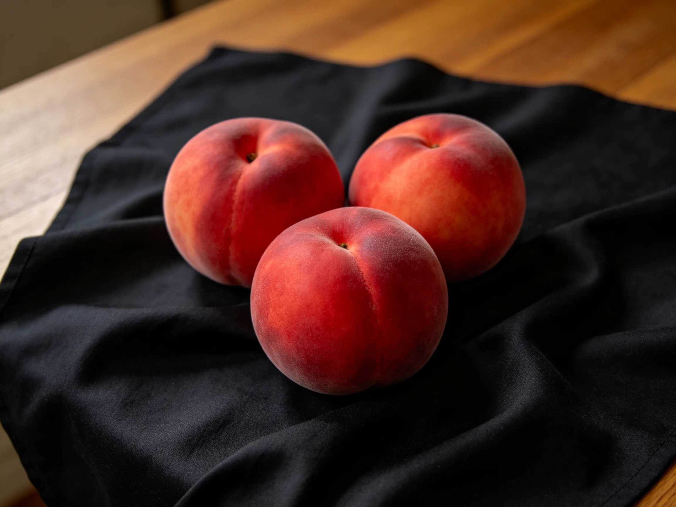 Three vibrant peaches sit upon a dark fabric atop a wooden surface