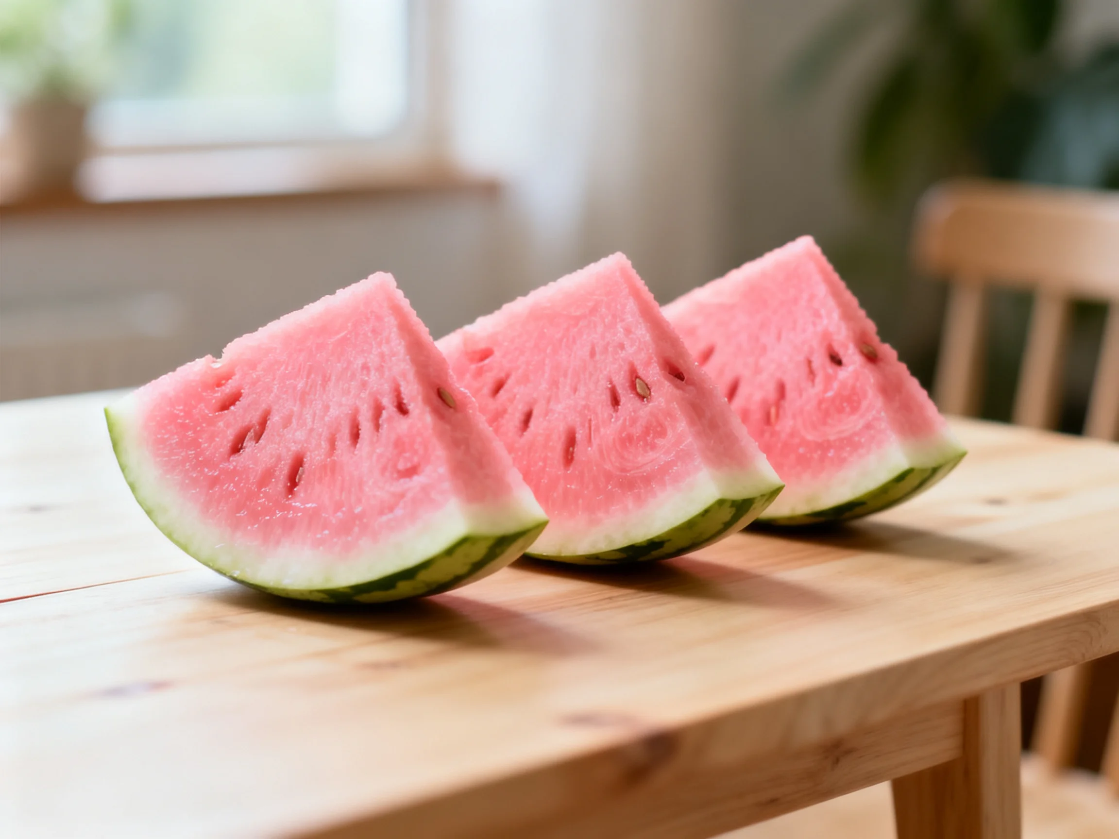 Three vibrant pink watermelon slices arranged on a light wooden table