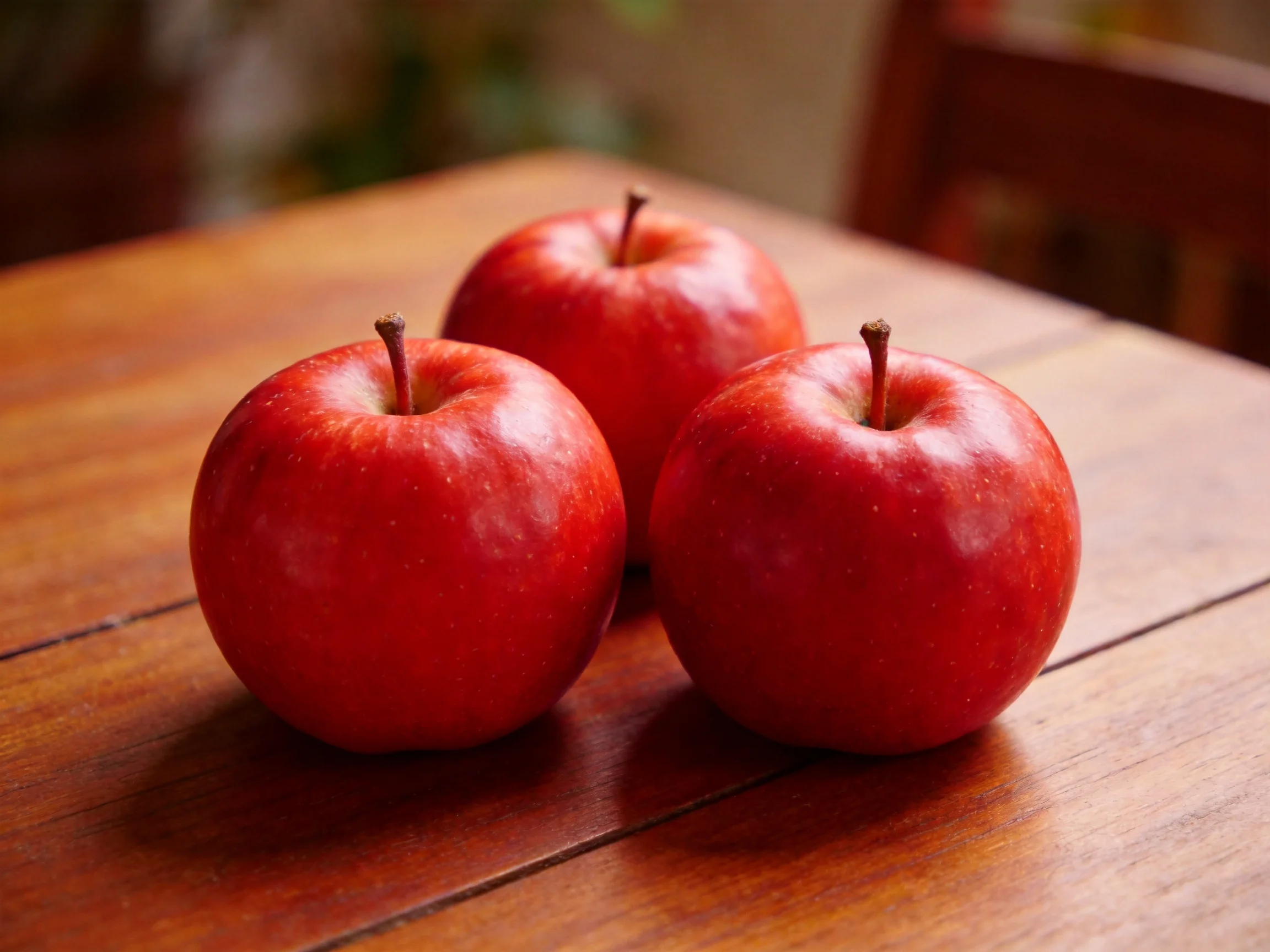 Three vibrant red apples arranged on a polished wooden table