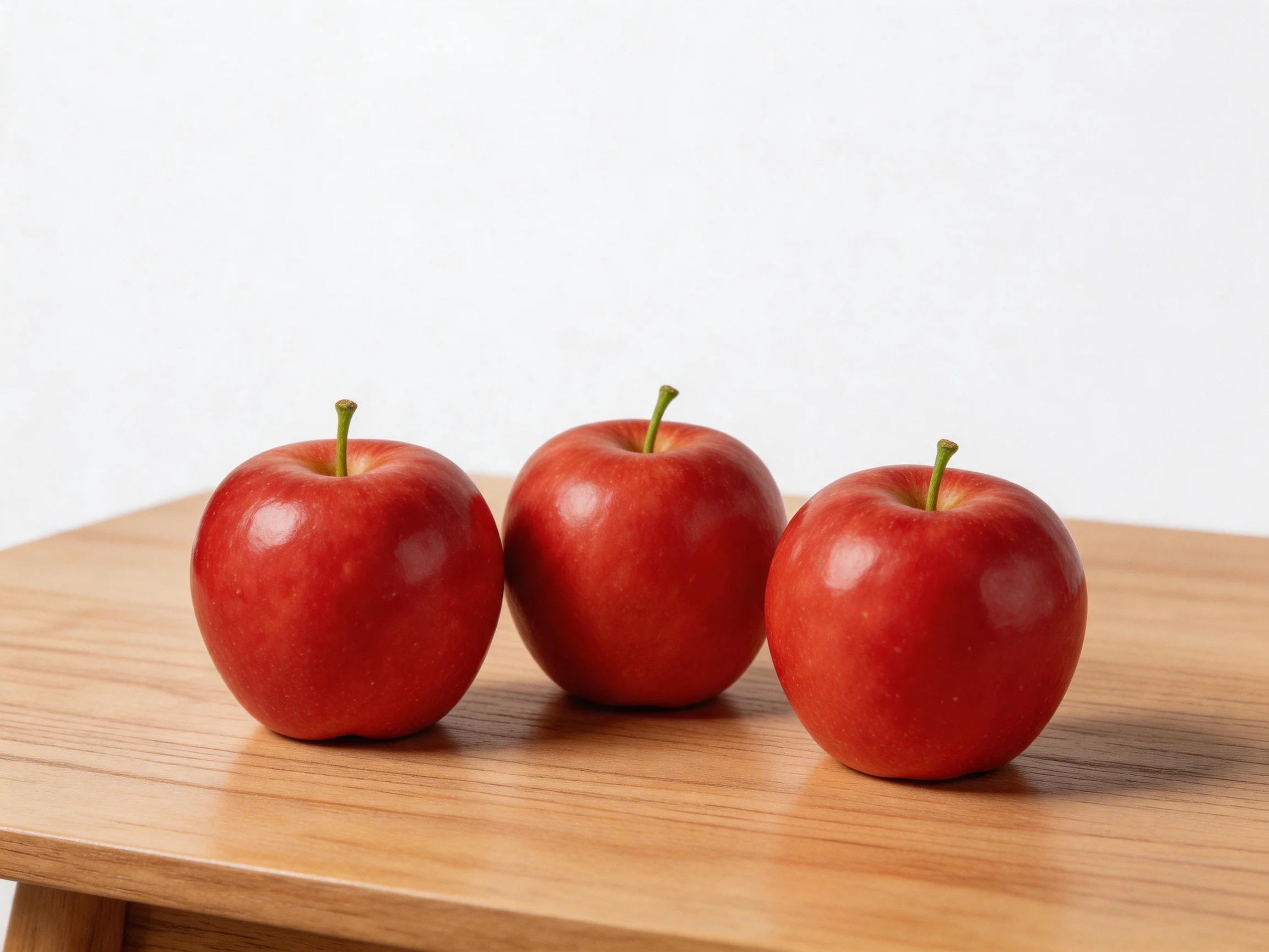 Three vibrant red apples arranged on a smooth wooden table