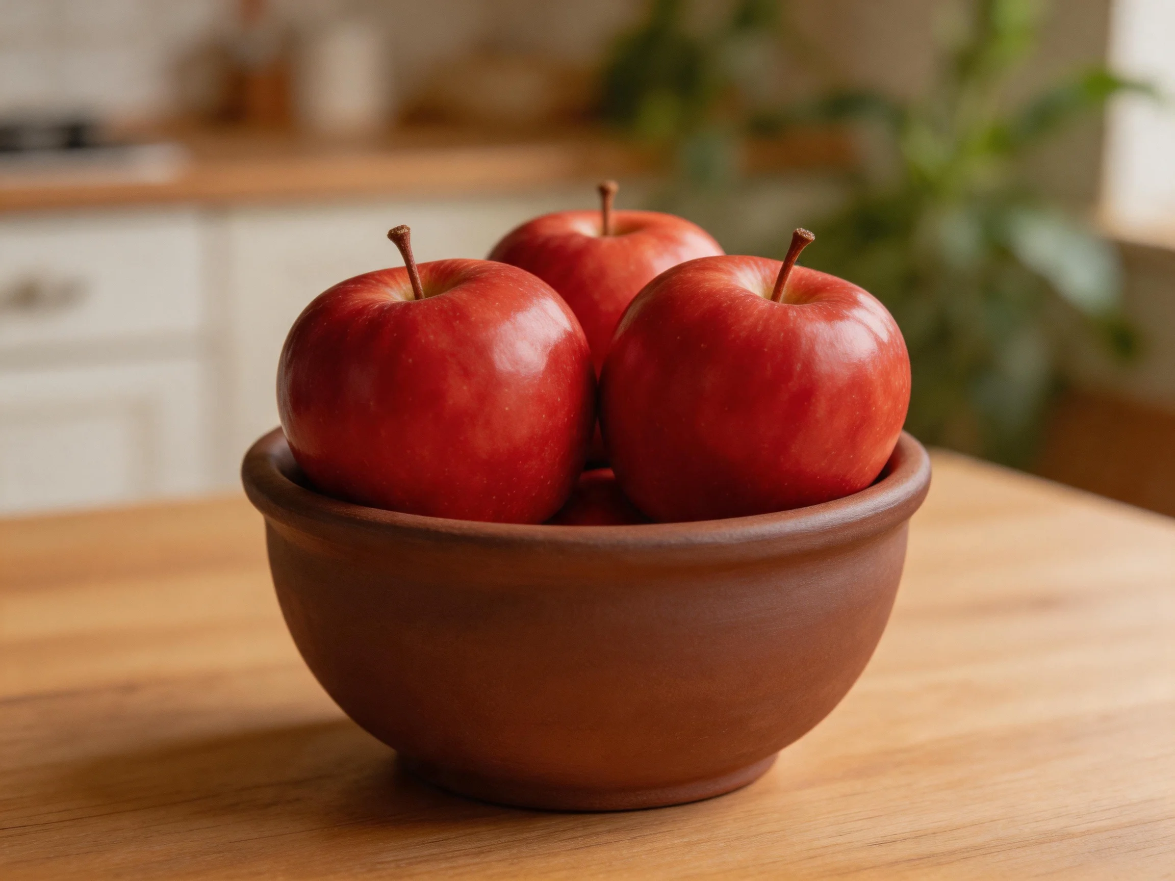 Three vibrant red apples in a brown ceramic bowl on a wooden surface