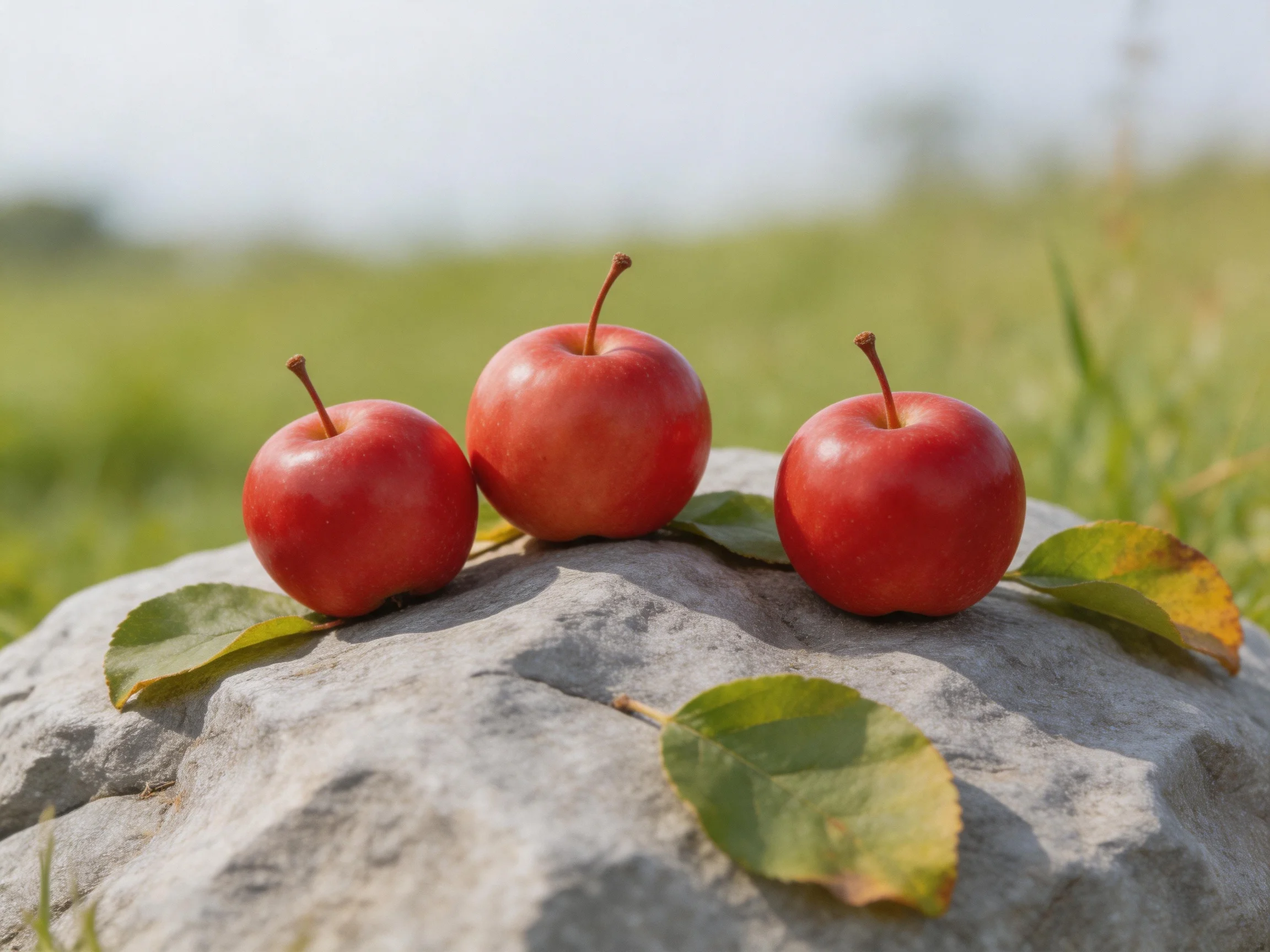 Three vibrant red apples rest on a gray stone surrounded by green foliage