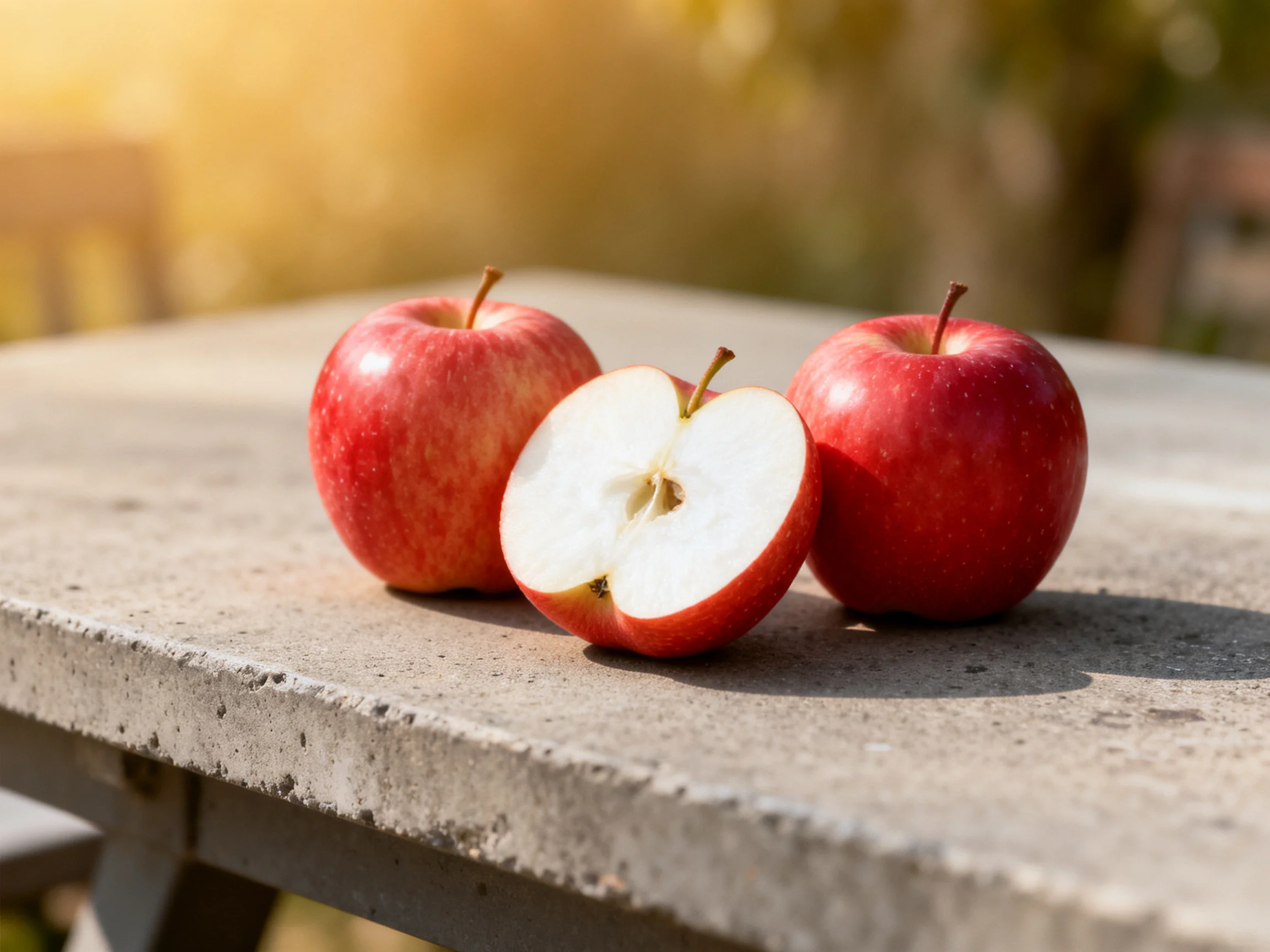 Three vibrant red apples rest on a weathered concrete table, one sliced.
