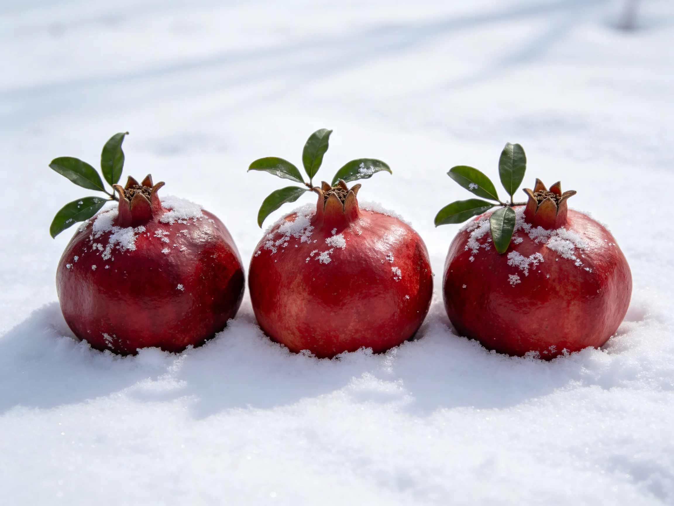 Three vibrant red pomegranates rest in fresh white snow