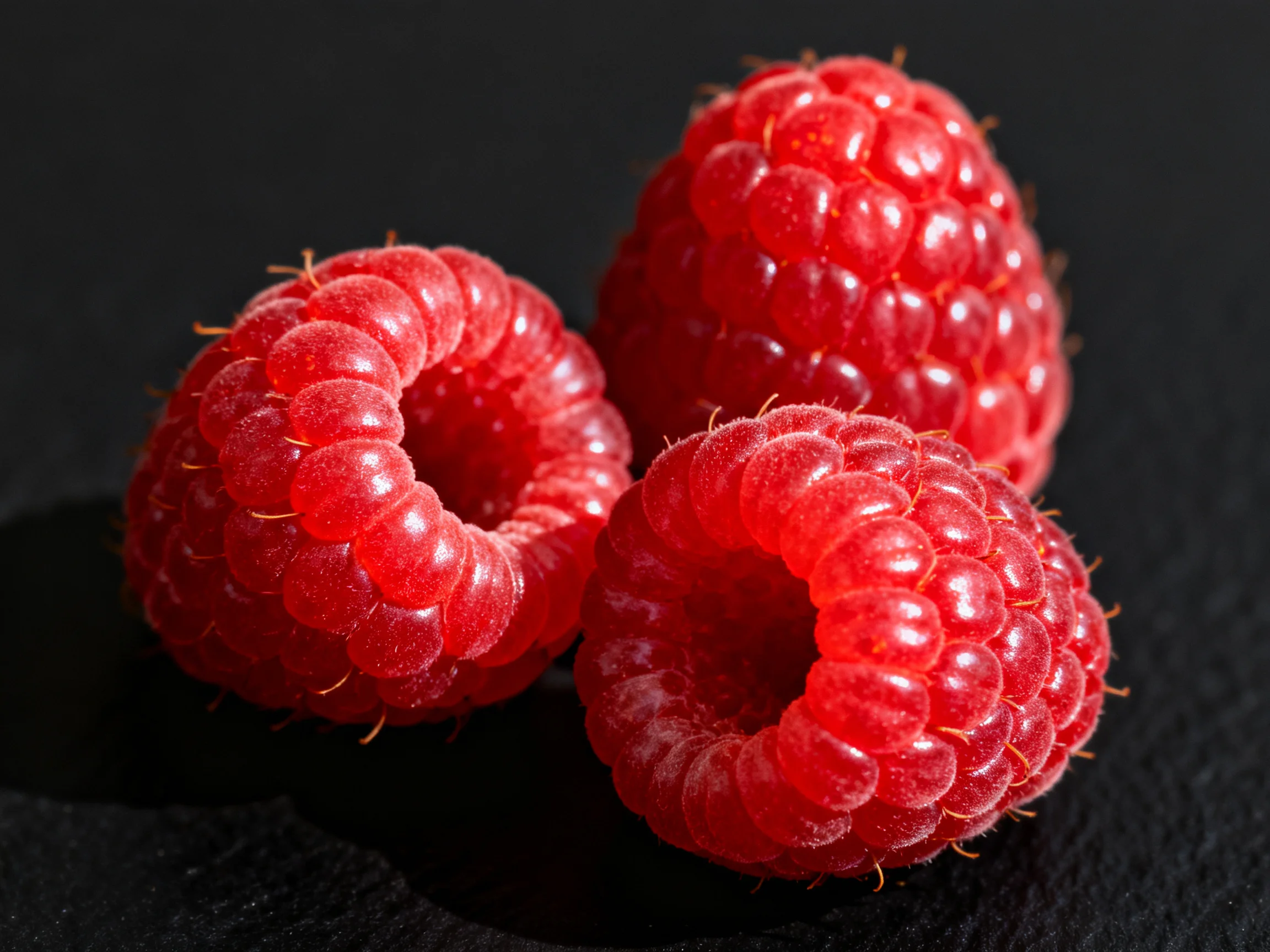 Three vibrant red raspberries arranged against a dark backdrop
