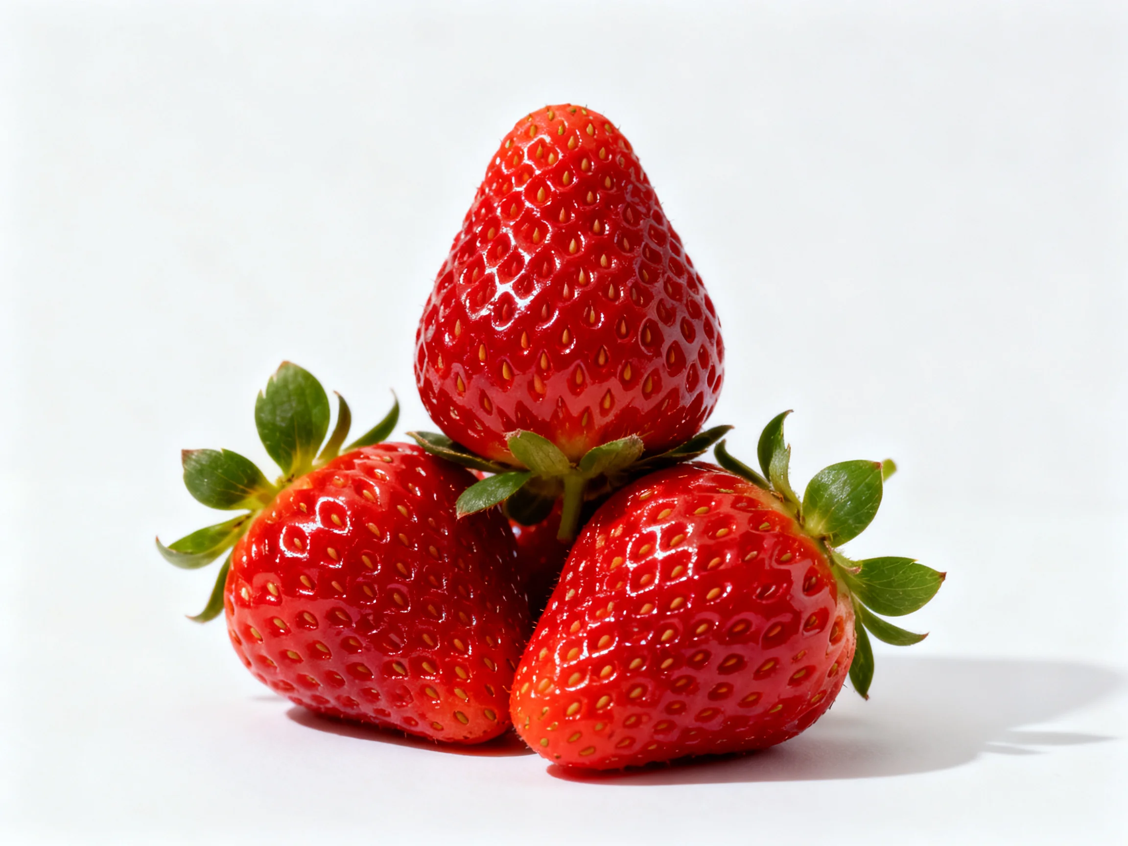 Three vibrant red strawberries arranged in a pyramid structure
