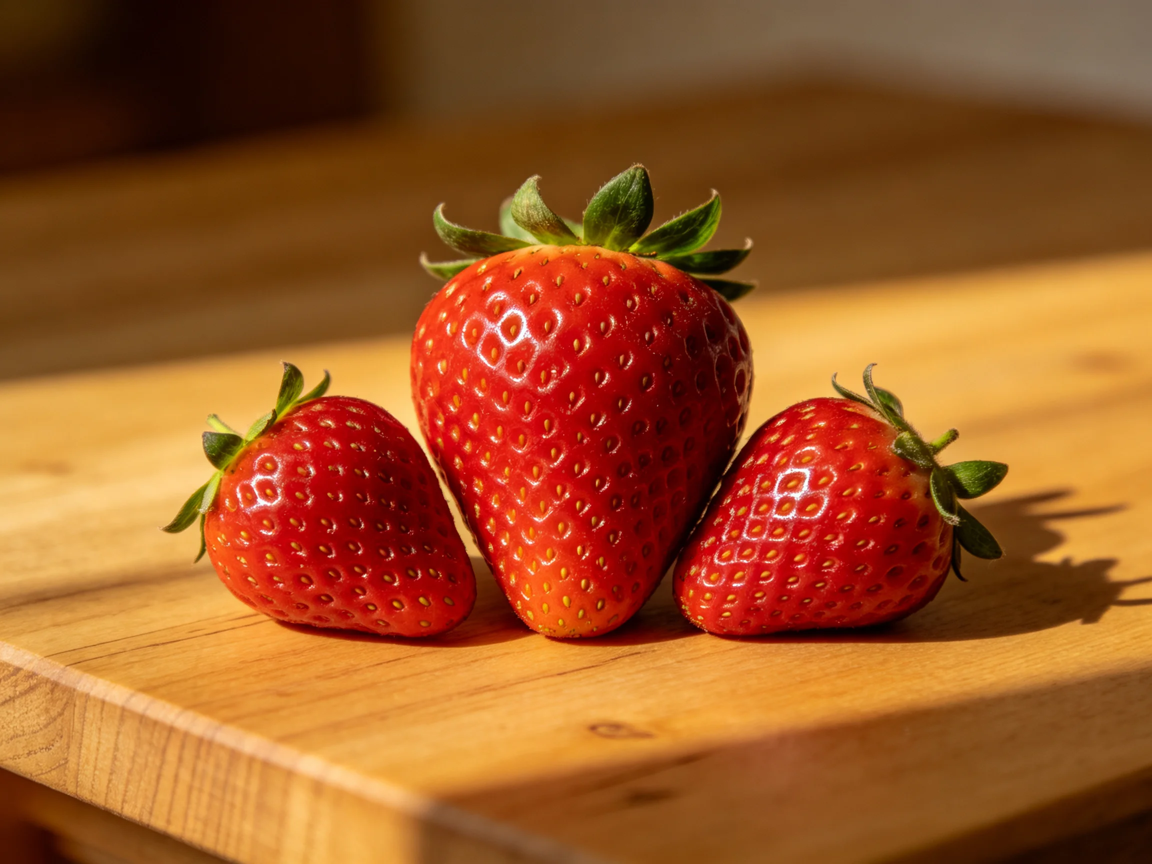 Three vibrant red strawberries arranged on a polished wooden board