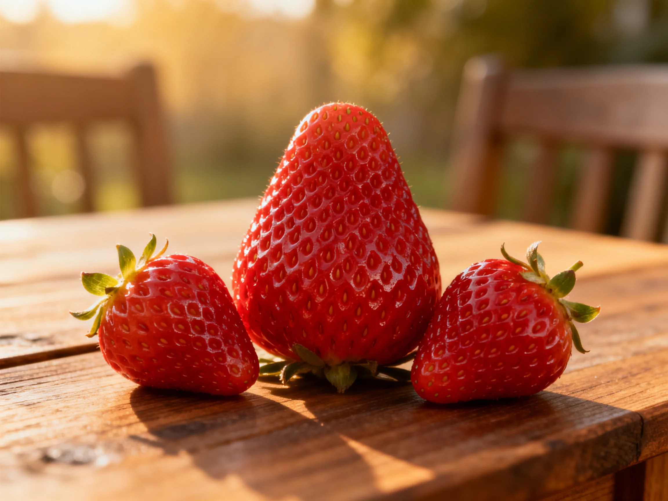 Three vibrant red strawberries arranged on a wooden outdoor table
