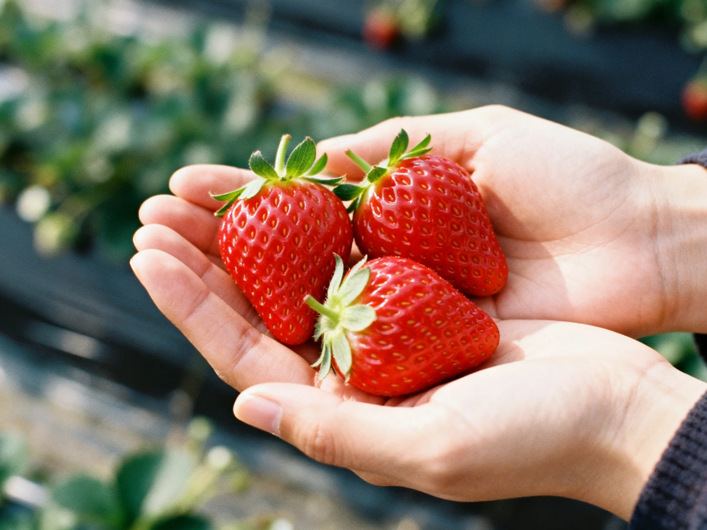 Three vibrant red strawberries cradled in open hands