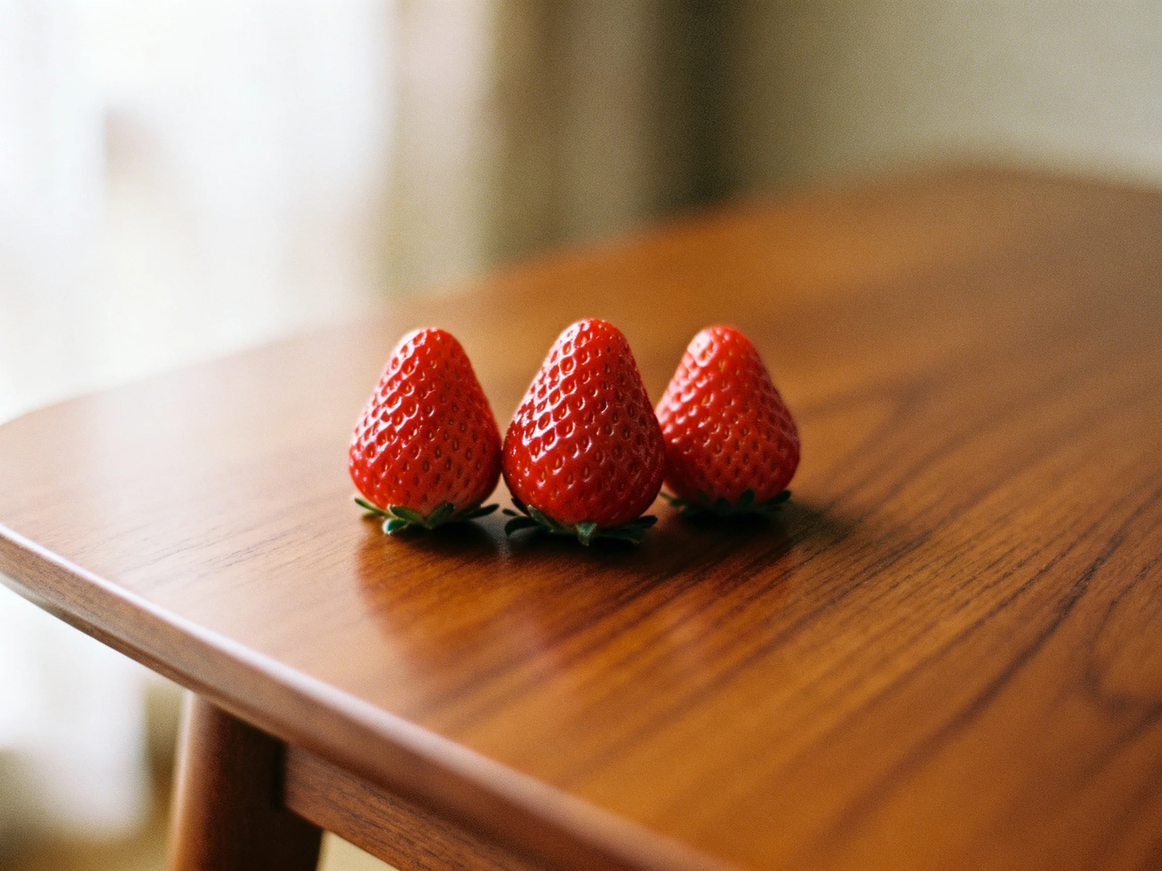 Three vibrant red strawberries rest on a polished wooden table