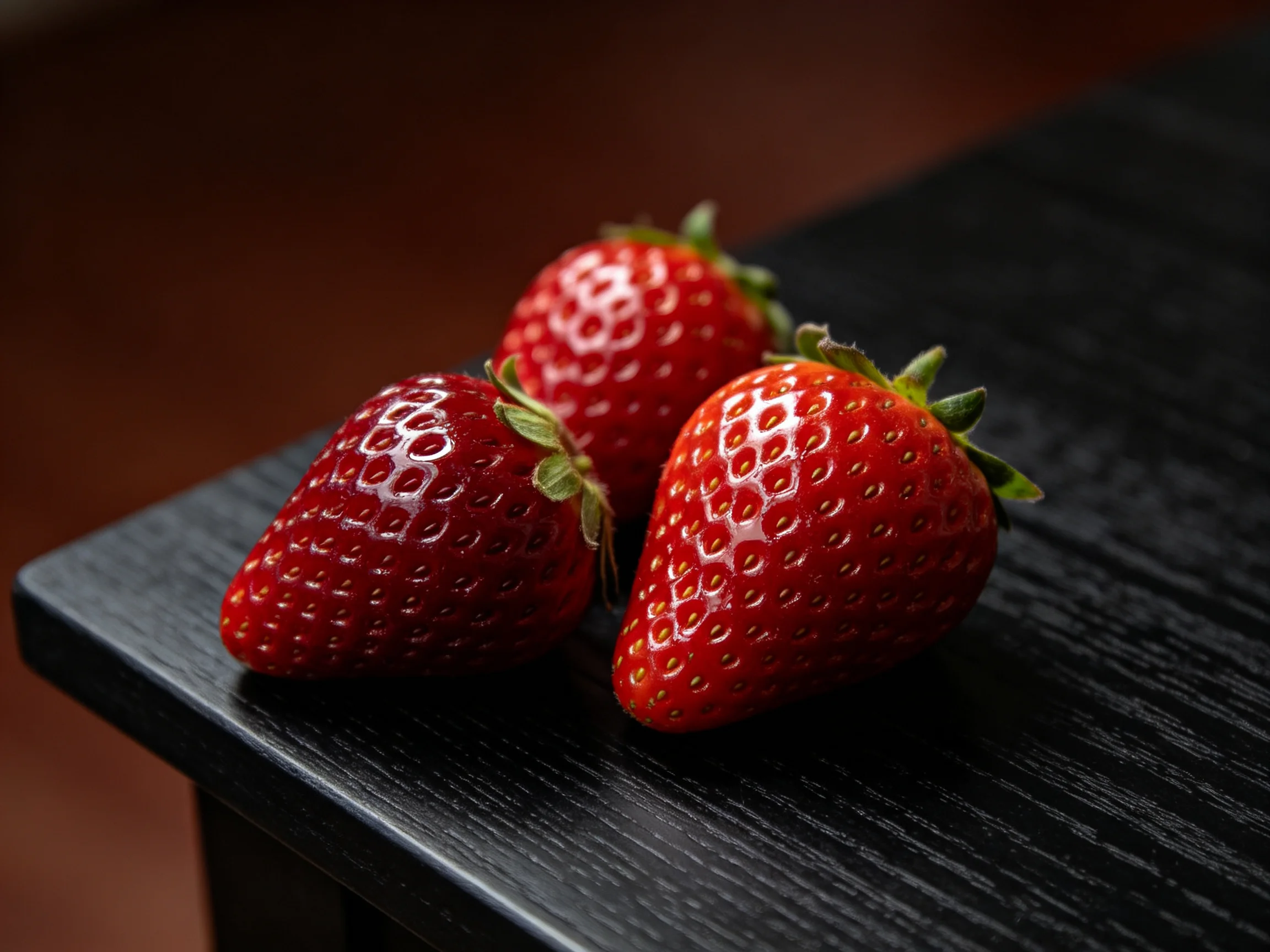 Three vibrant red strawberries rest on a sleek black wooden surface.